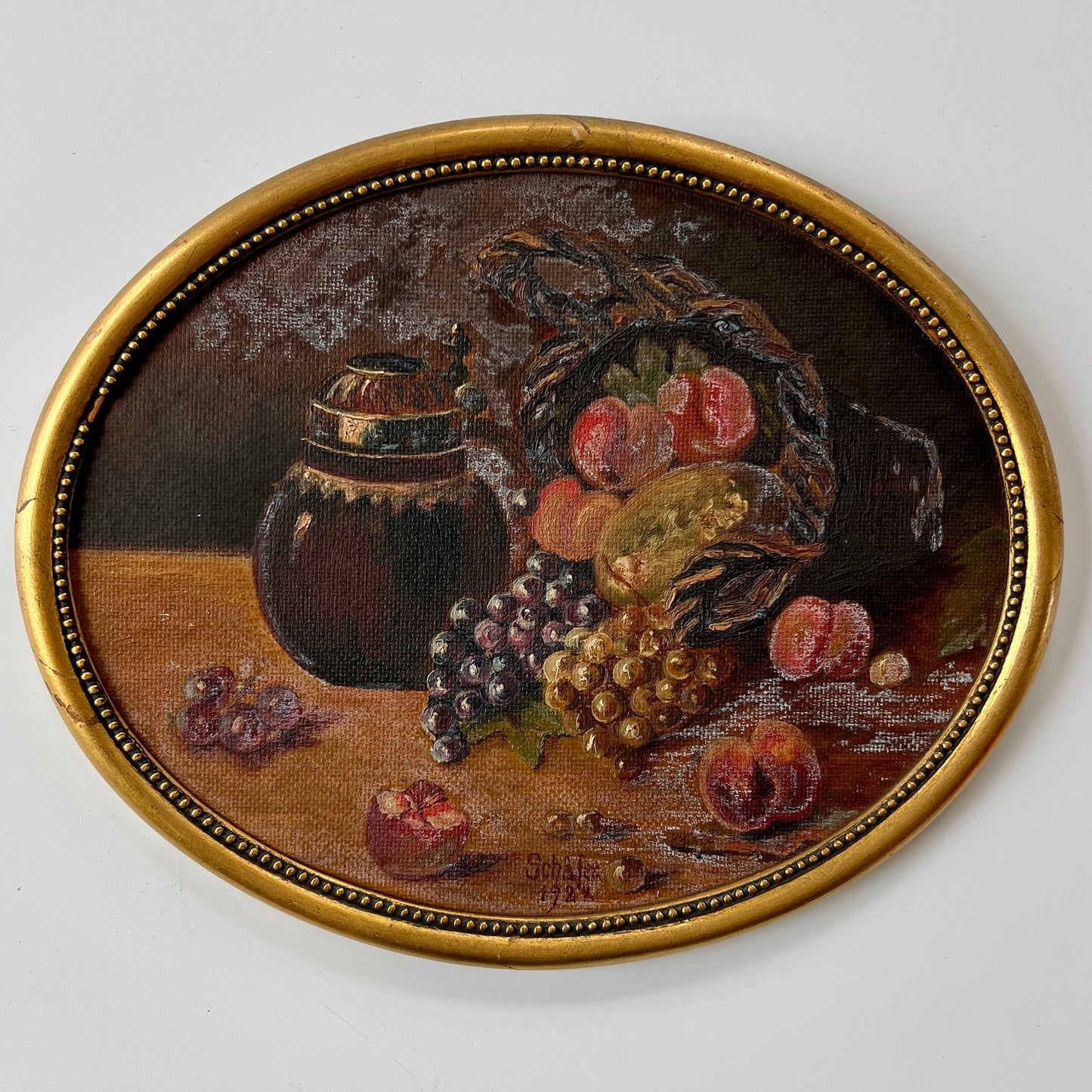 1924 Oval Still Life with Fruit Oil Painting in Oval Gold Frame