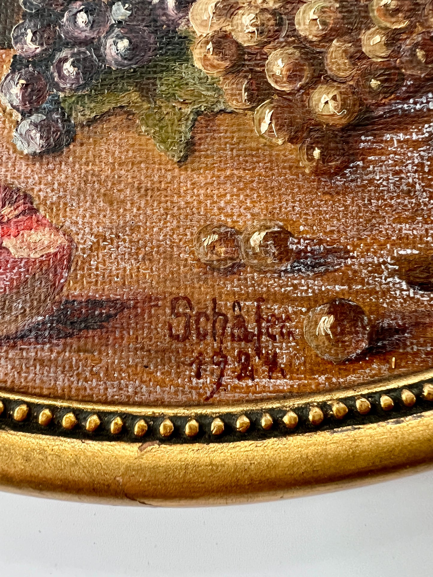 1924 Oval Still Life with Fruit Oil Painting in Oval Gold Frame