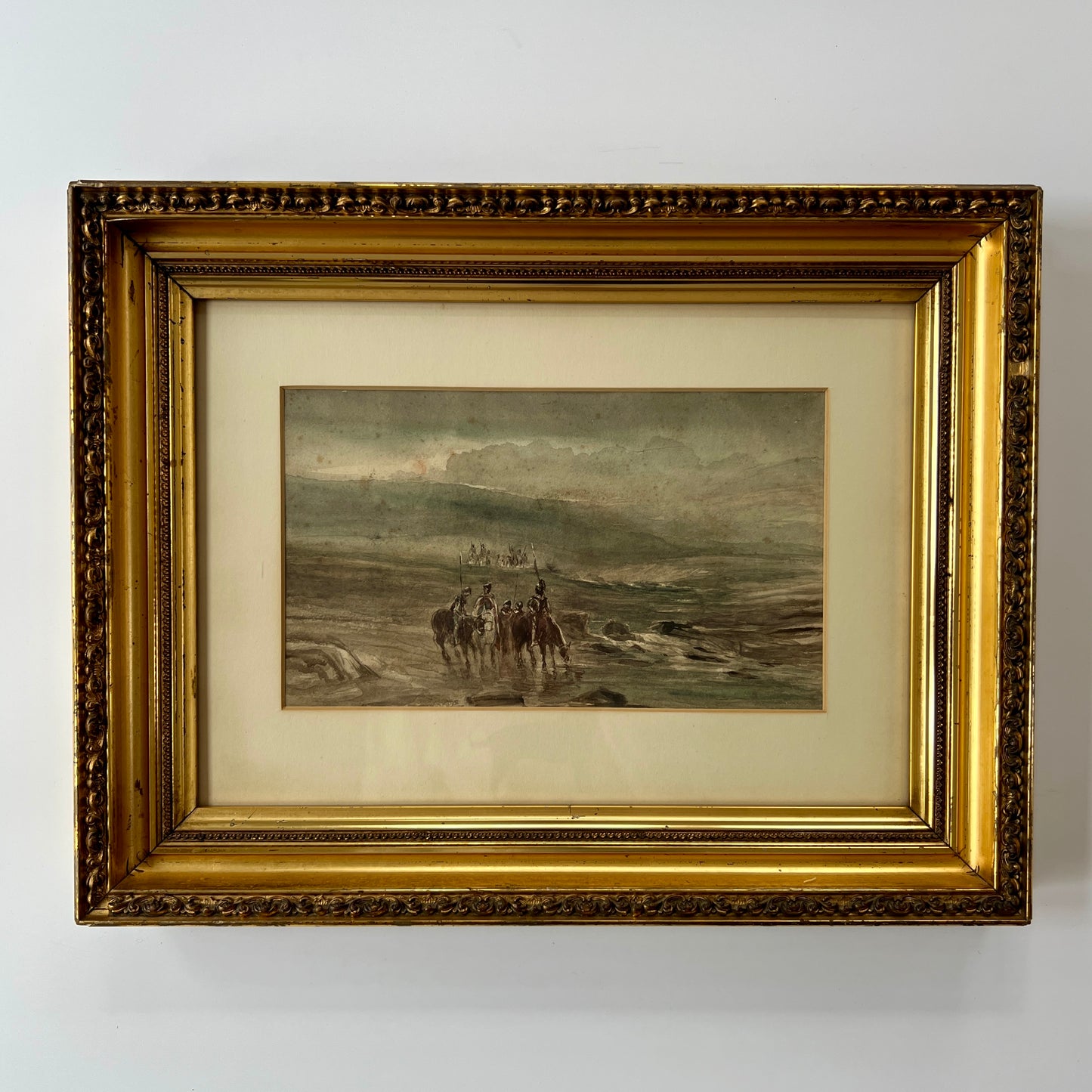 Attributed to Thomas Bush Hardy 19th Century Coastal Scene with British Soldiers on Horseback Watercolor in Original Gold Frame