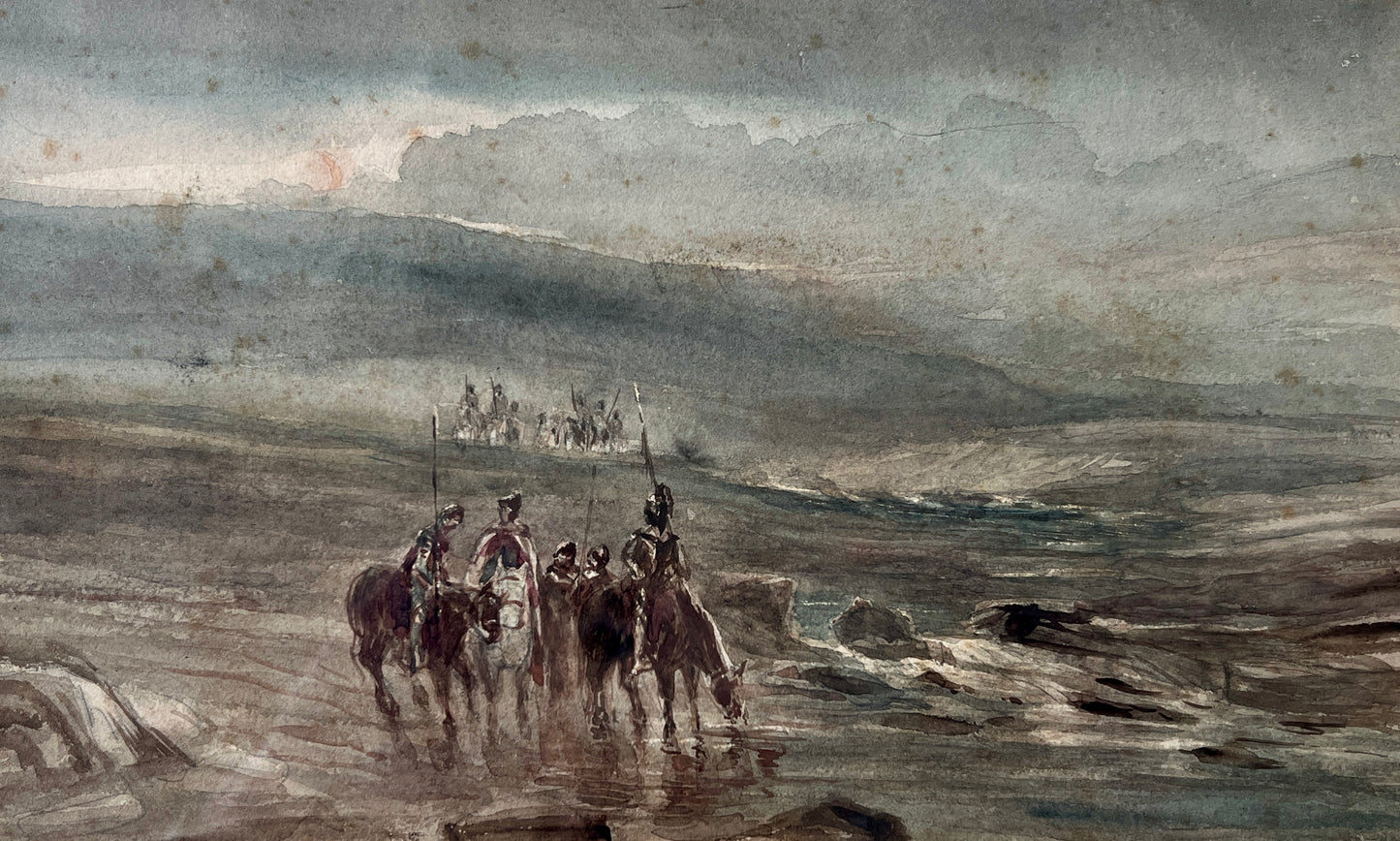 Attributed to Thomas Bush Hardy 19th Century Coastal Scene with British Soldiers on Horseback Watercolor in Original Gold Frame