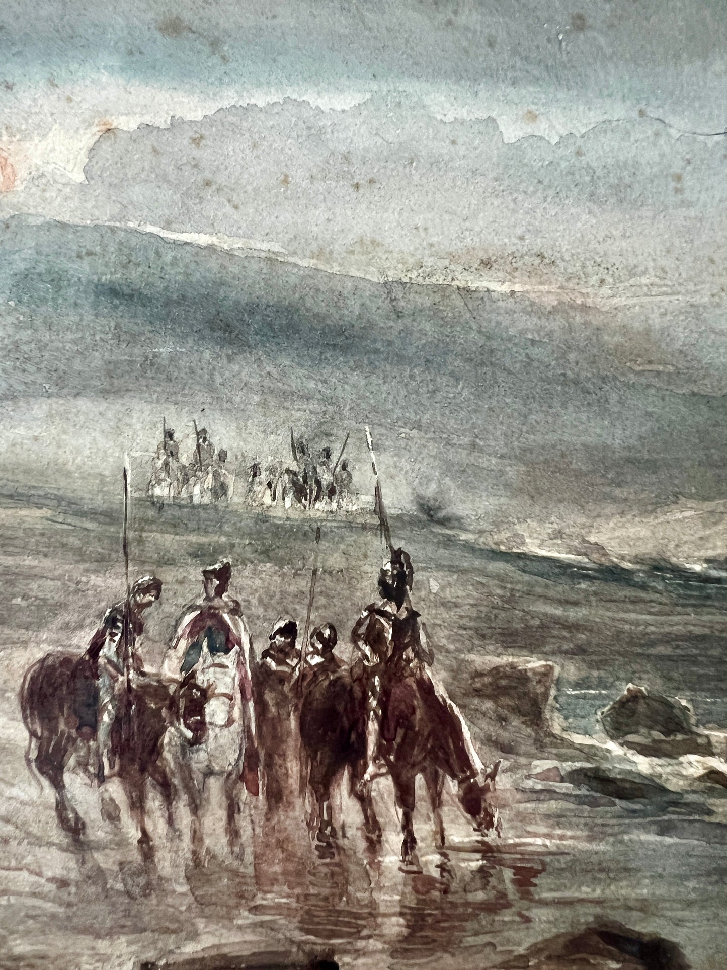Attributed to Thomas Bush Hardy 19th Century Coastal Scene with British Soldiers on Horseback Watercolor in Original Gold Frame
