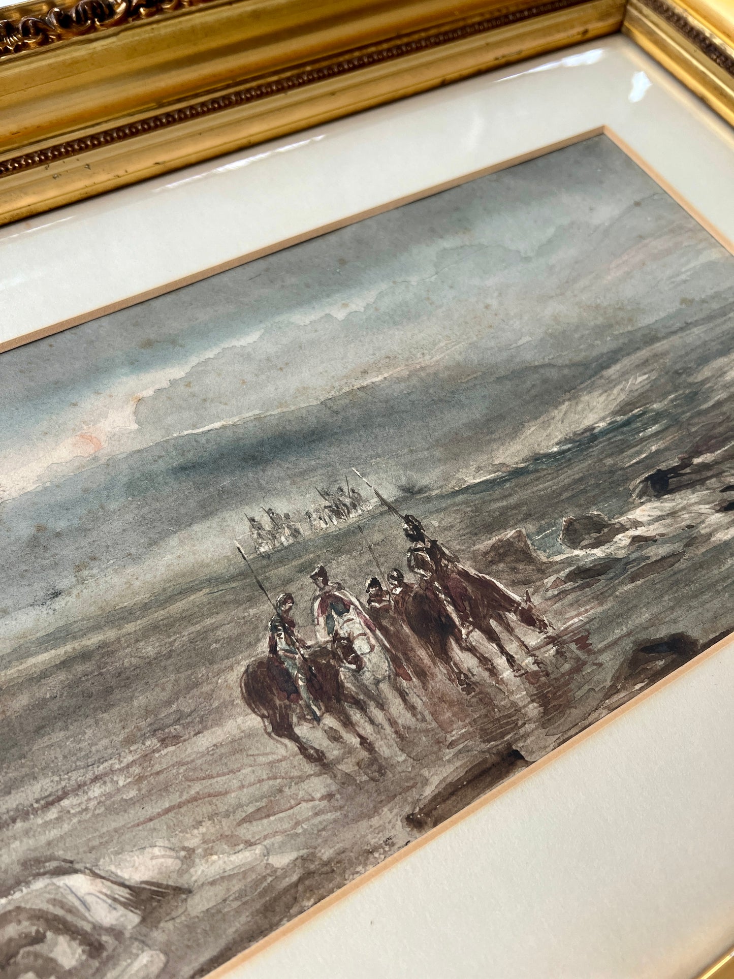 Attributed to Thomas Bush Hardy 19th Century Coastal Scene with British Soldiers on Horseback Watercolor in Original Gold Frame
