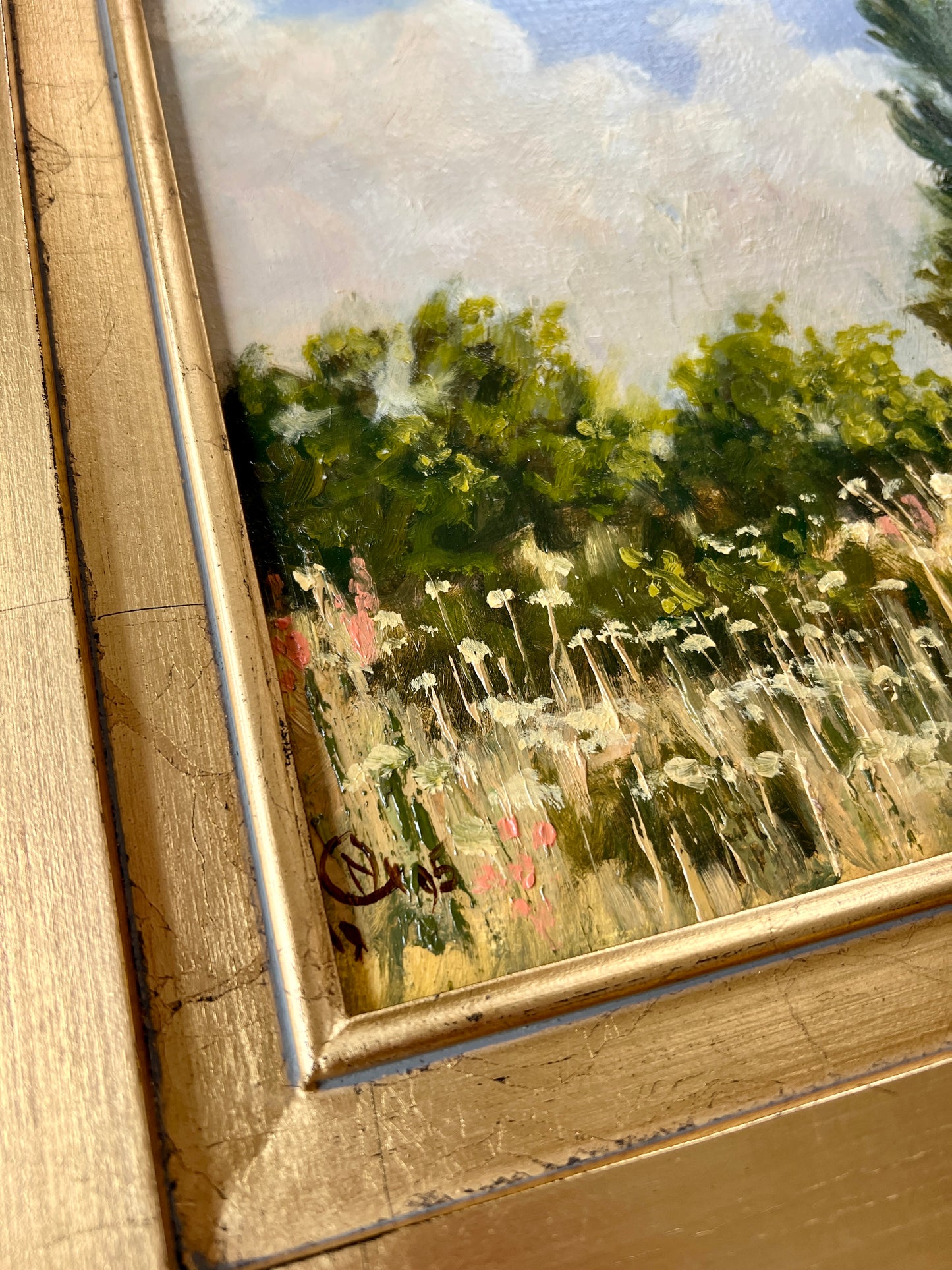 Spring on the Hill Landscape Oil Painting in Gold Frame