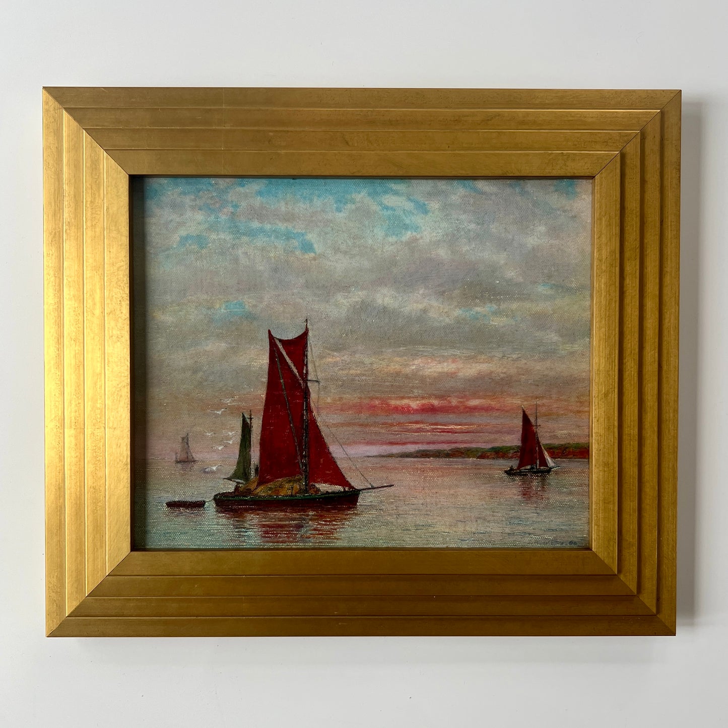1963 Red Sailboats at Dusk Seascape Oil Painting in Gold Frame