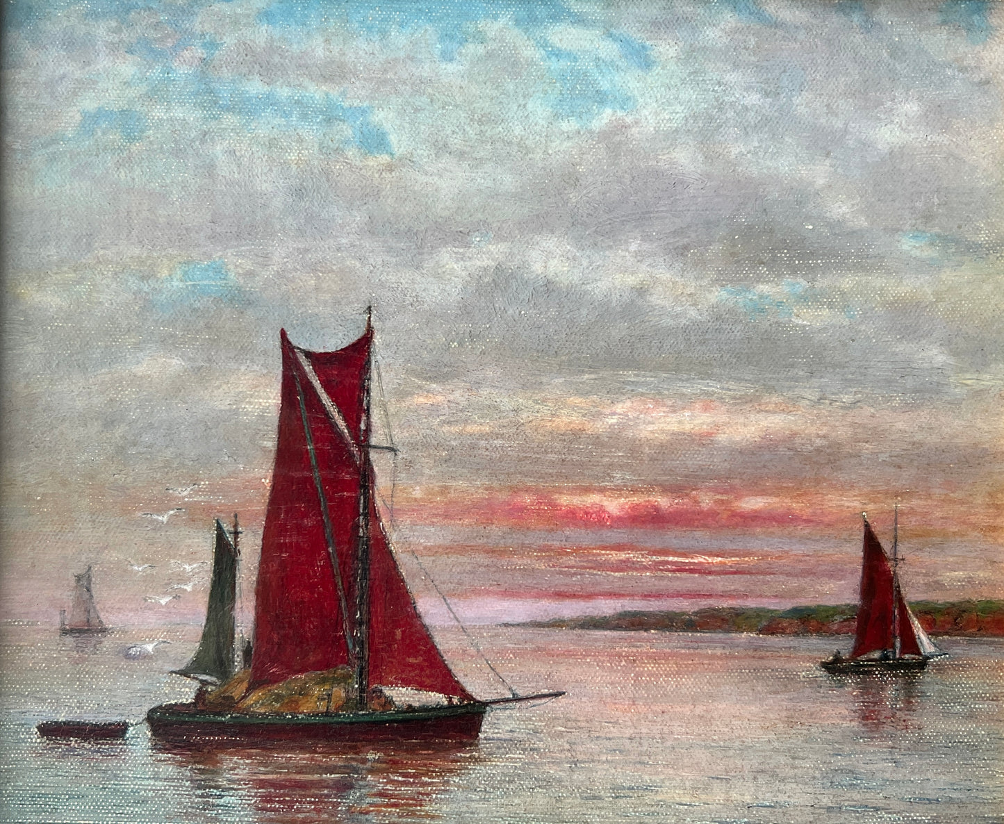 1963 Red Sailboats at Dusk Seascape Oil Painting in Gold Frame