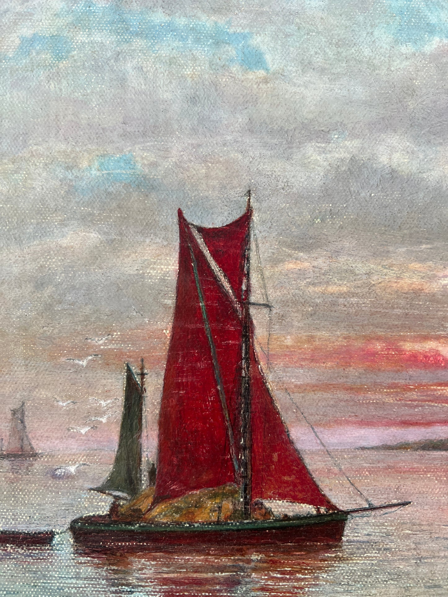 1963 Red Sailboats at Dusk Seascape Oil Painting in Gold Frame
