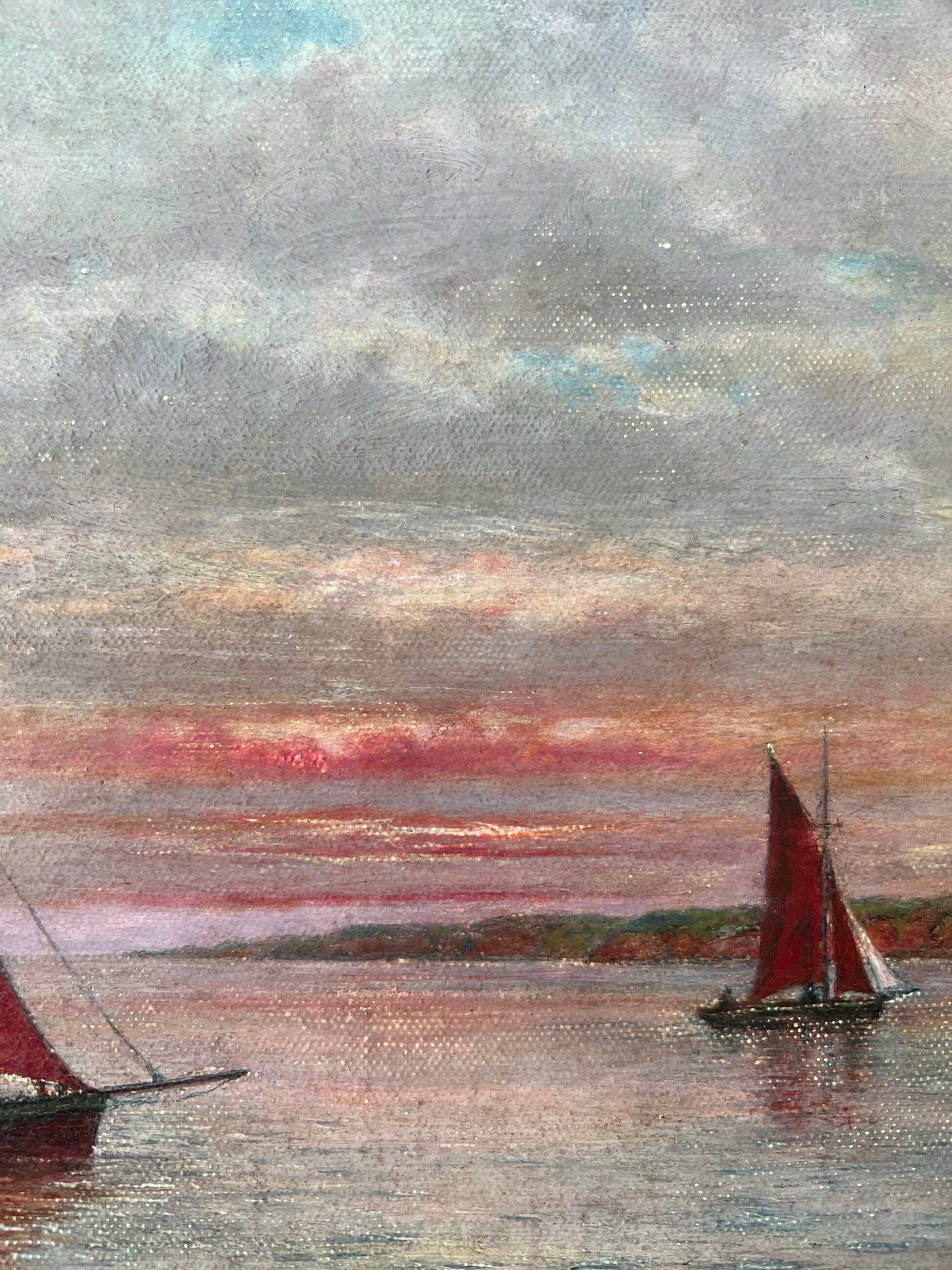 1963 Red Sailboats at Dusk Seascape Oil Painting in Gold Frame