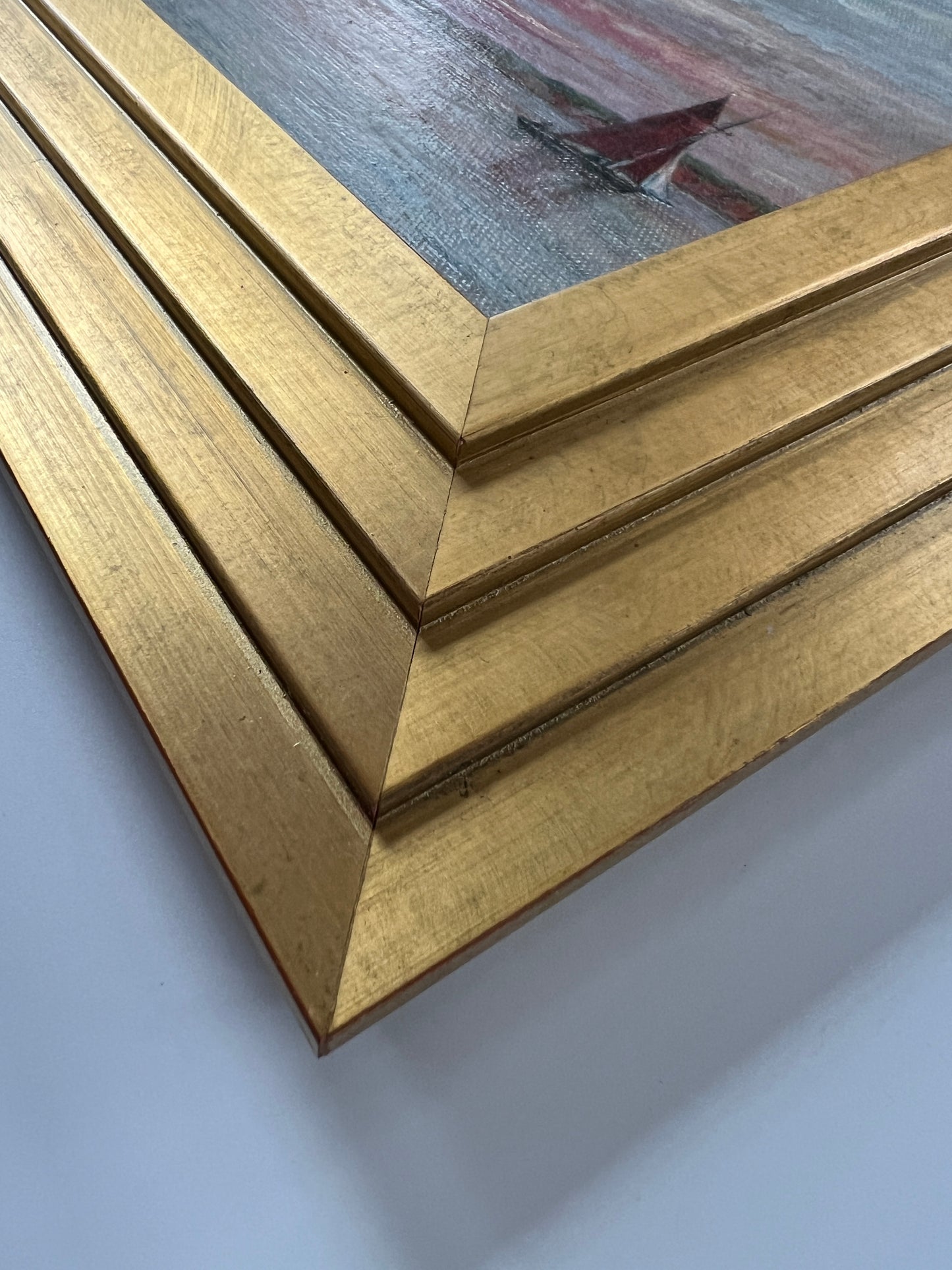 1963 Red Sailboats at Dusk Seascape Oil Painting in Gold Frame