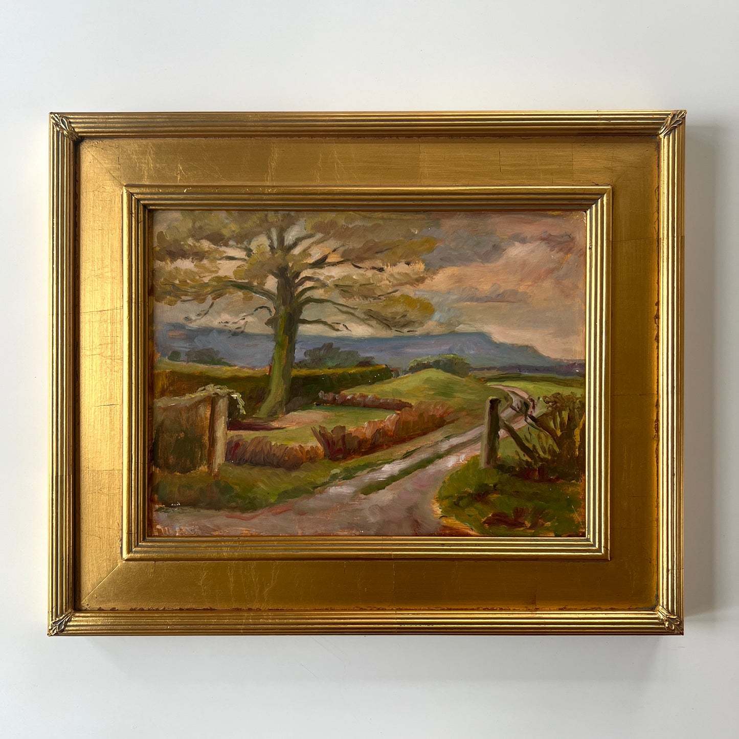 Vintage Pink Sky Garden Landscape Oil Painting in Gold Frame