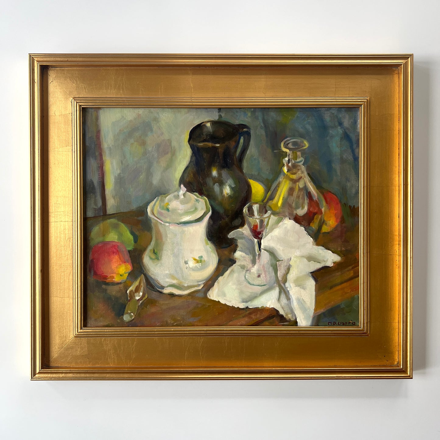 Marian D. Harris Still Life Apples Pears Wine Decanter Oil Painting in Gold Frame