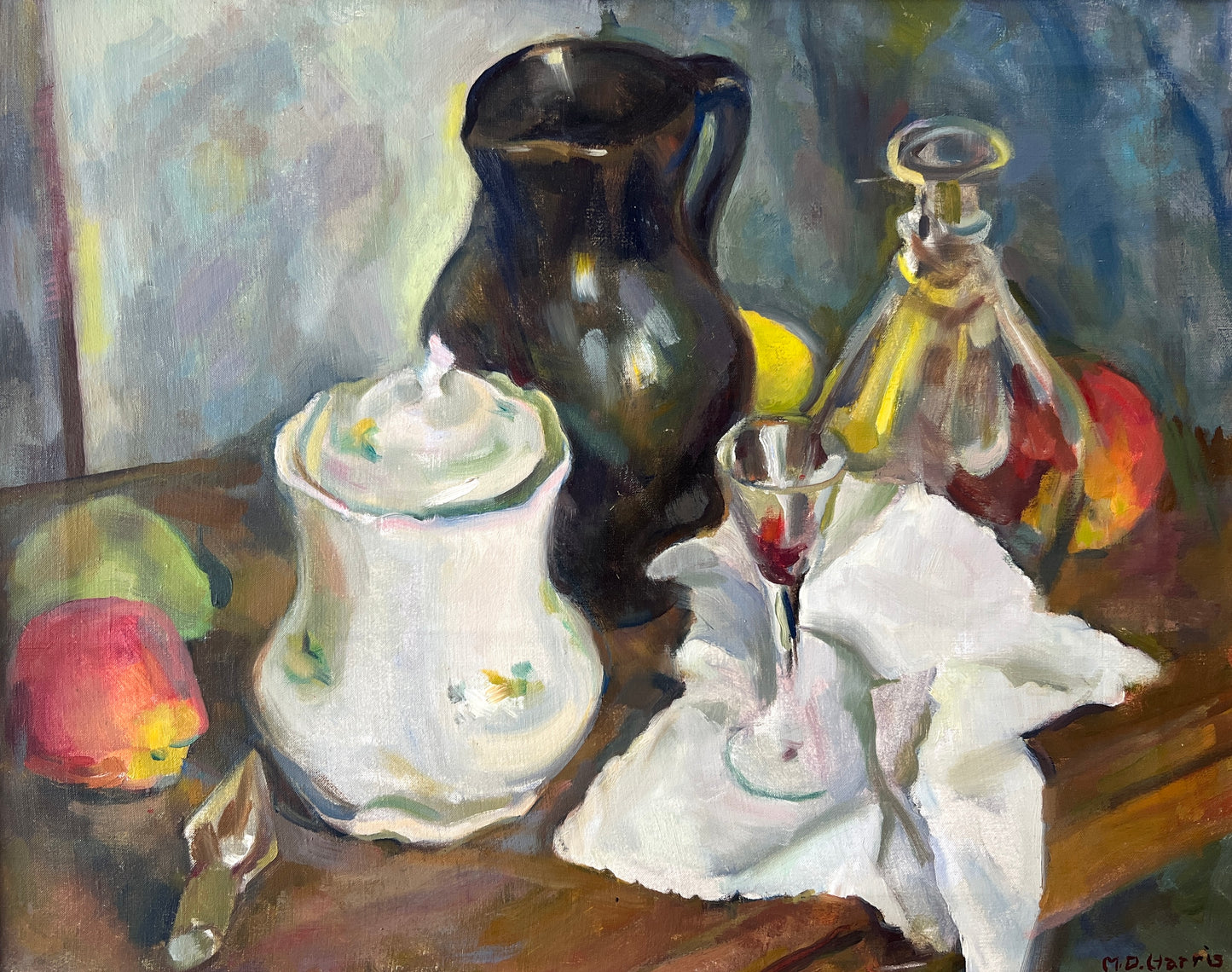 Marian D. Harris Still Life Apples Pears Wine Decanter Oil Painting in Gold Frame