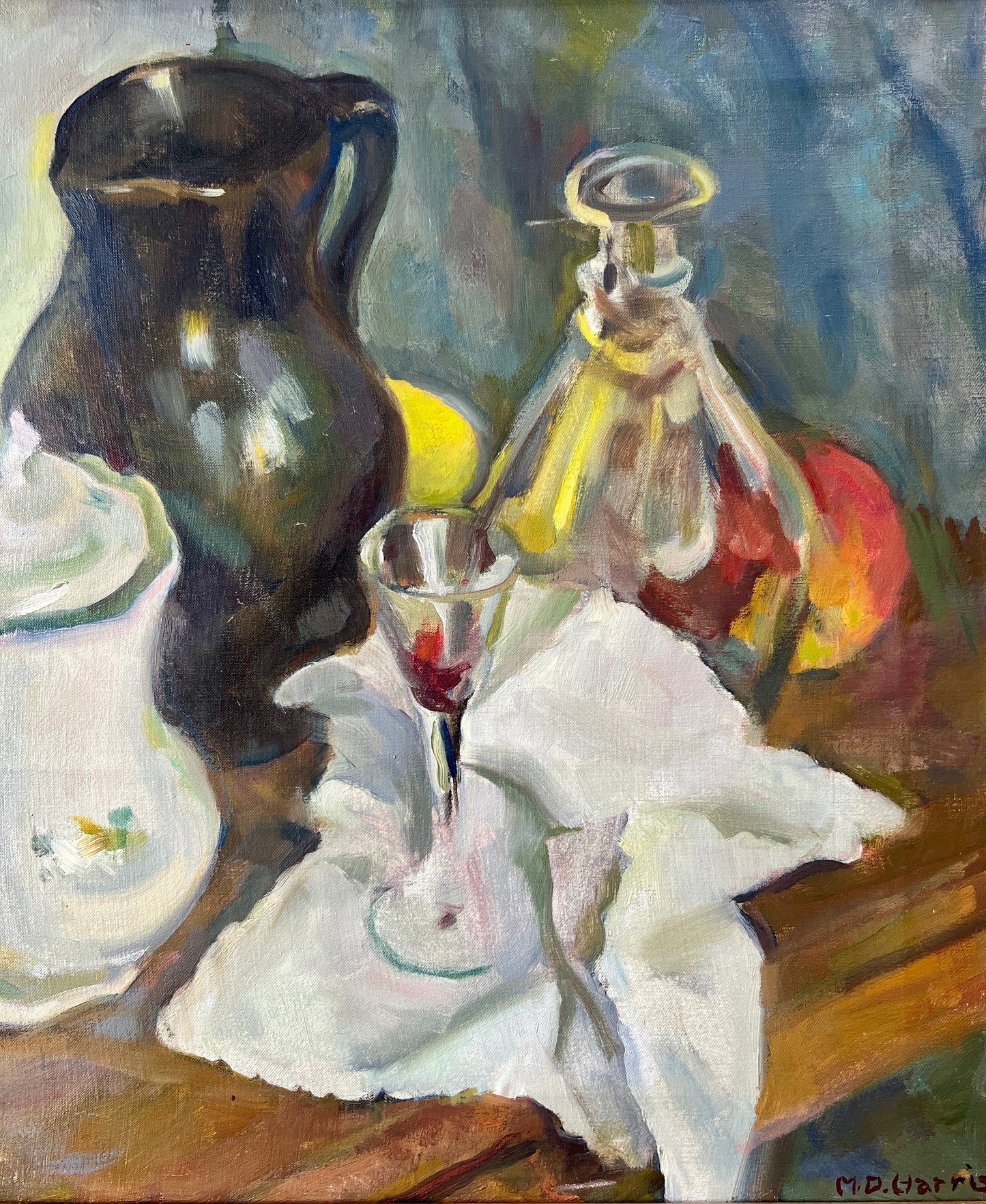 Marian D. Harris Still Life Apples Pears Wine Decanter Oil Painting in Gold Frame