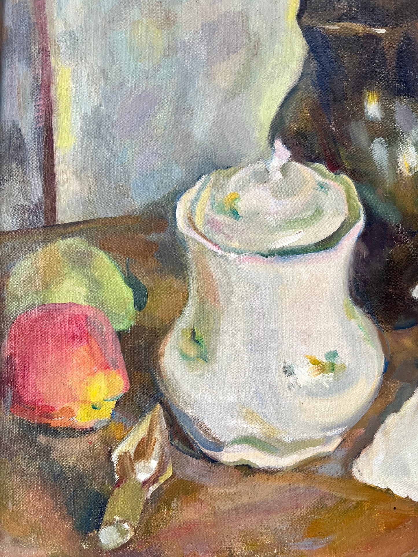 Marian D. Harris Still Life Apples Pears Wine Decanter Oil Painting in Gold Frame