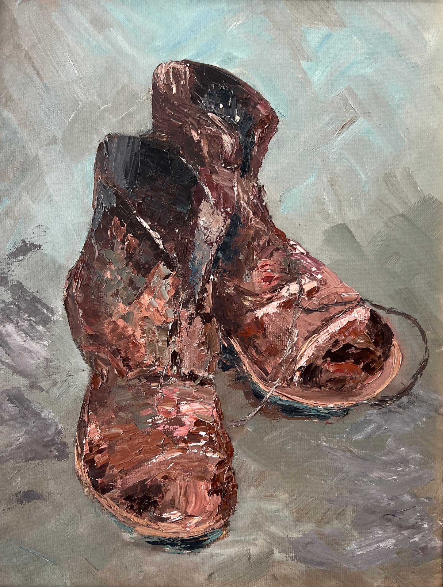 Vintage Impressionist Still Life of Brown Leather Boots Oil Painting in Gold Frame