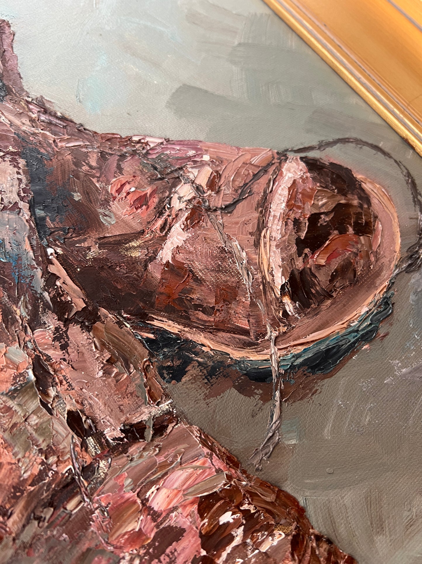 Vintage Impressionist Still Life of Brown Leather Boots Oil Painting in Gold Frame