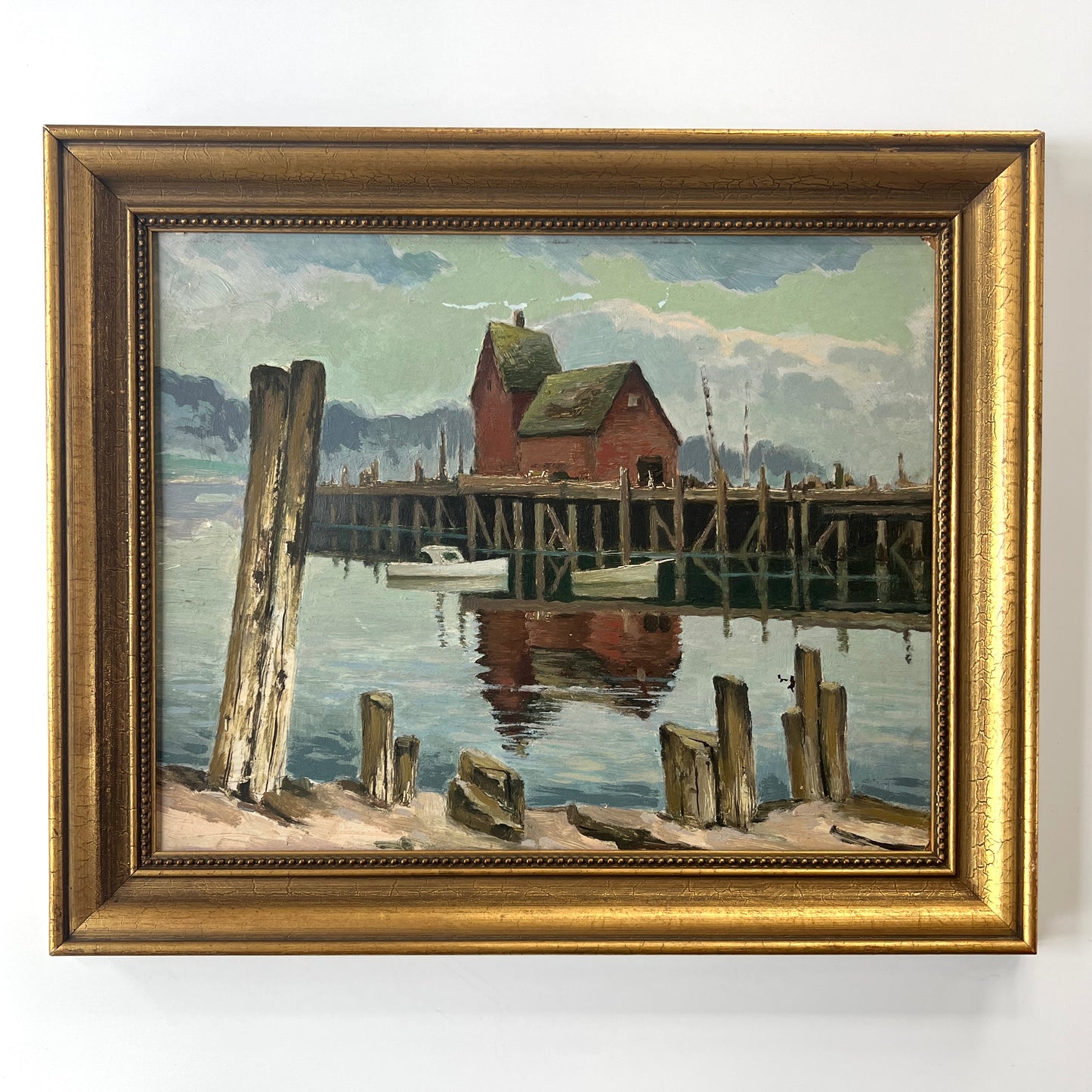 Vintage Coastal Harbor Scene with Boats Oil Painting in Gold Frame