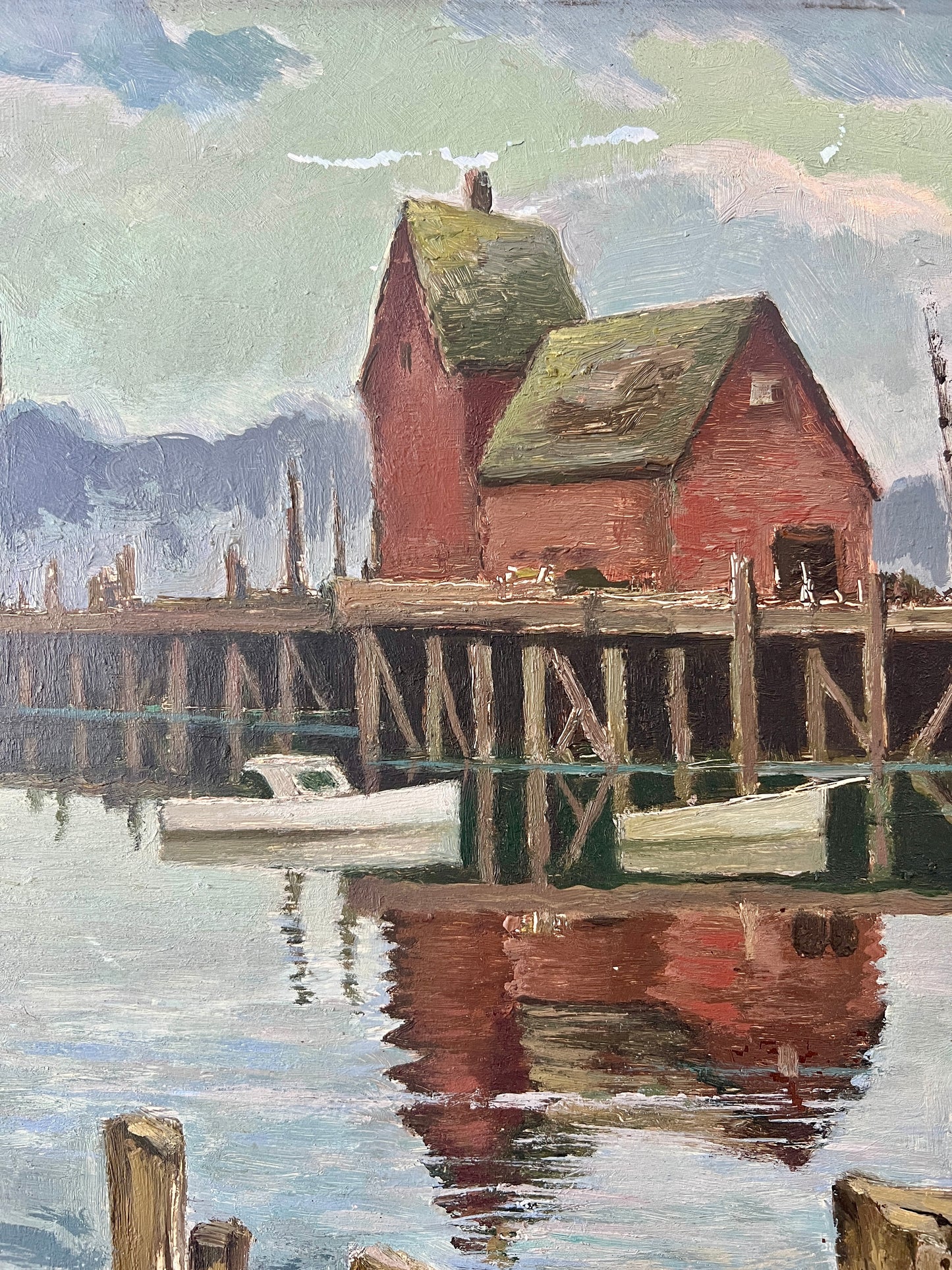 Vintage Coastal Harbor Scene with Boats Oil Painting in Gold Frame