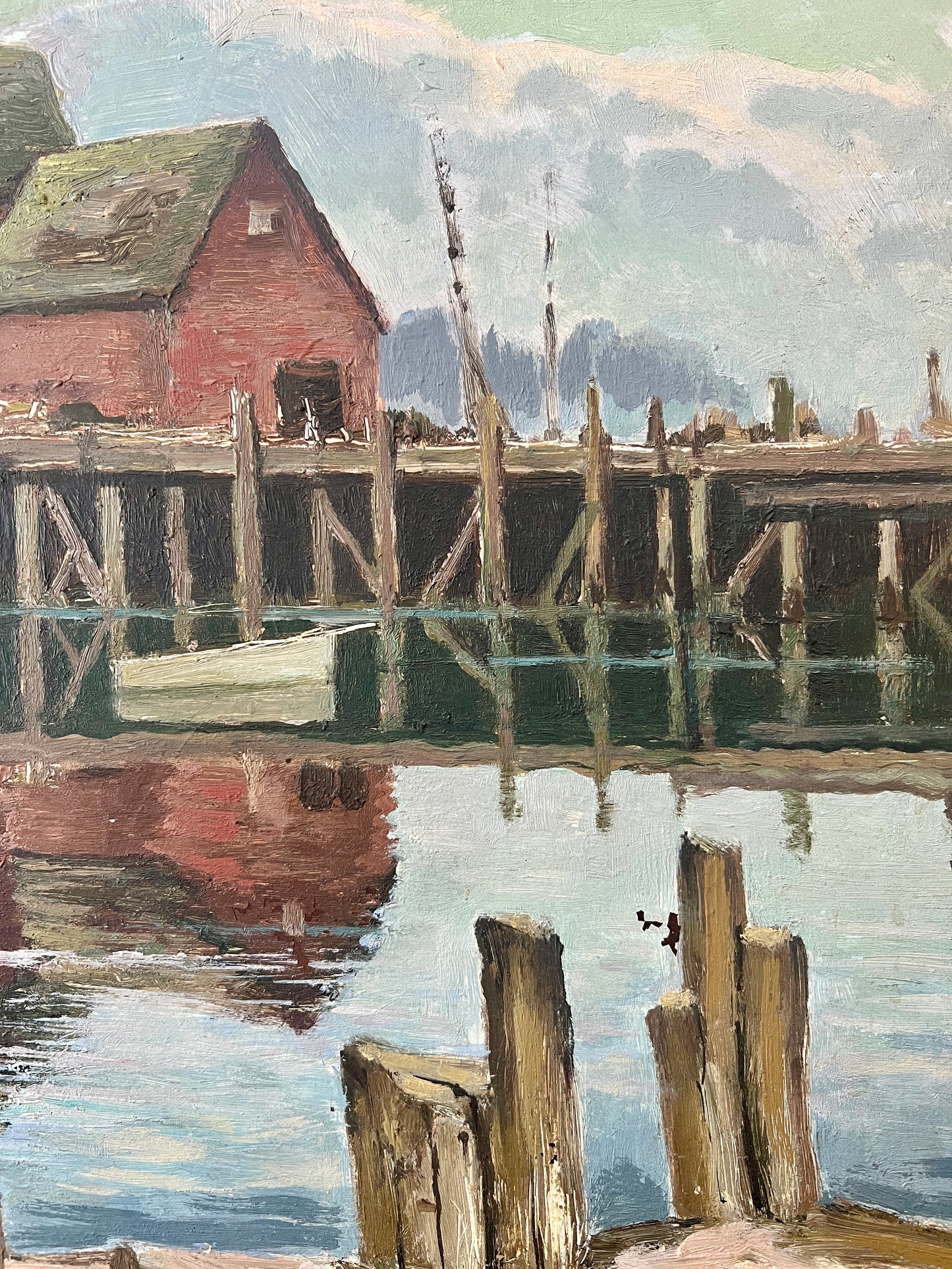Vintage Coastal Harbor Scene with Boats Oil Painting in Gold Frame