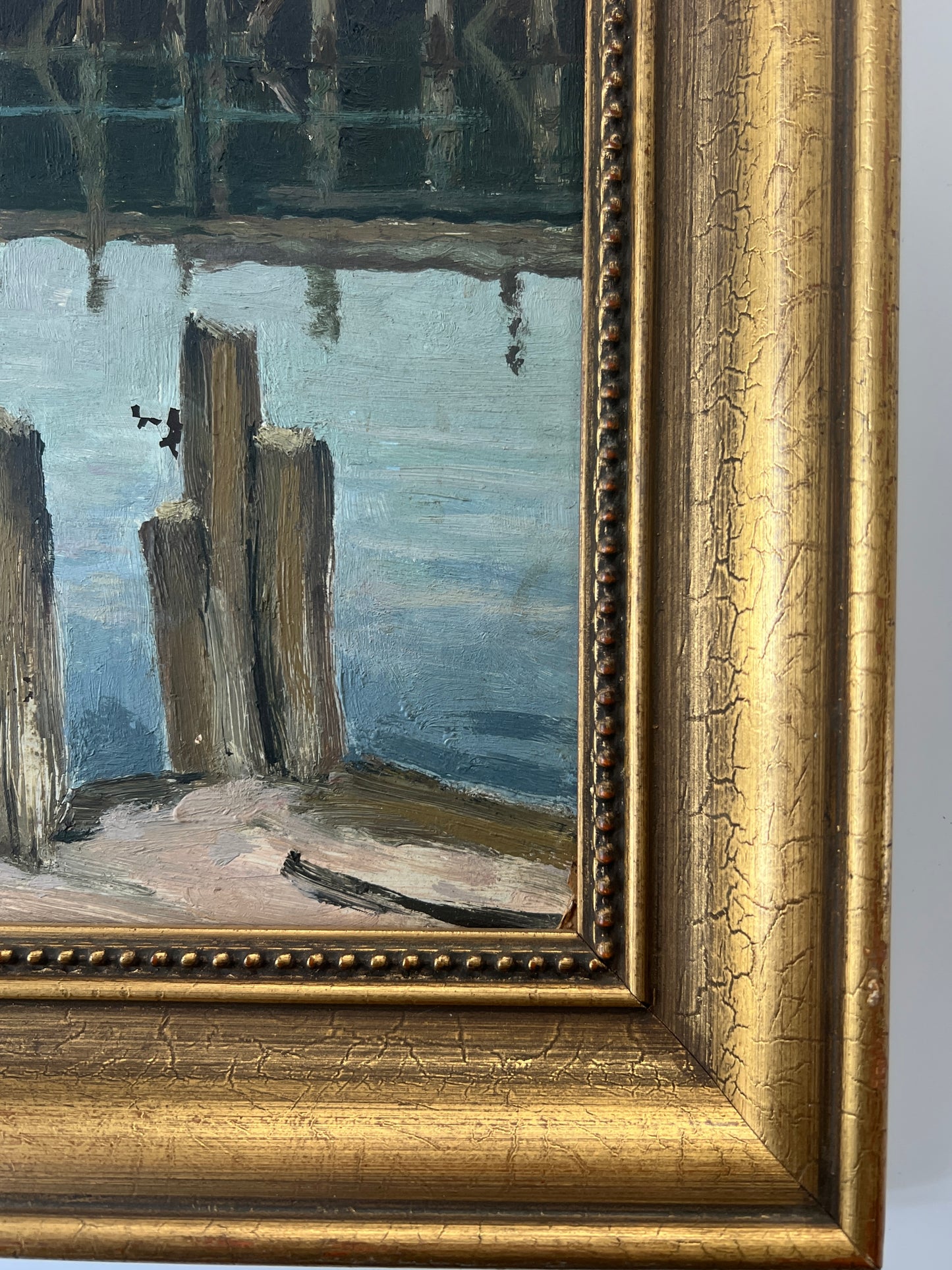 Vintage Coastal Harbor Scene with Boats Oil Painting in Gold Frame