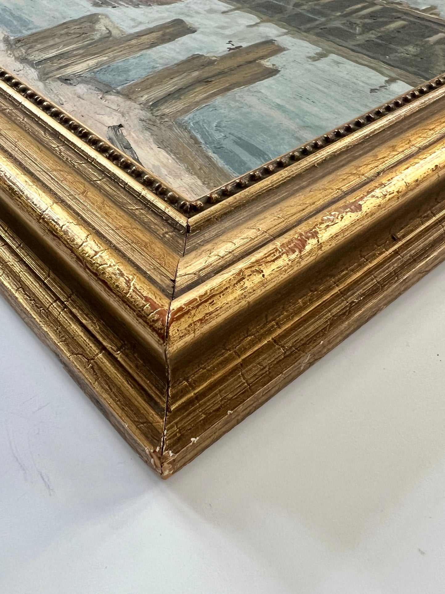 Vintage Coastal Harbor Scene with Boats Oil Painting in Gold Frame