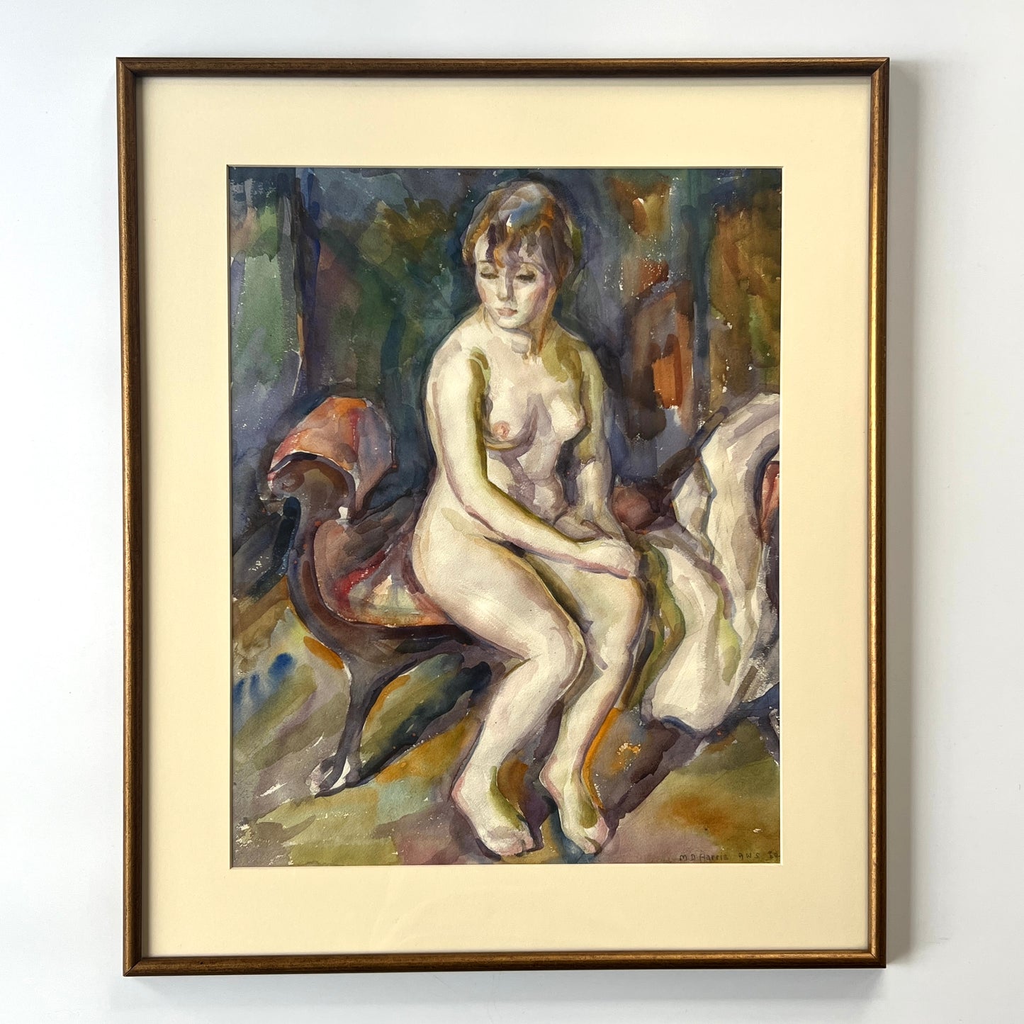 Marian D. Harris Nude Female Watercolor Portrait in Gold Frame