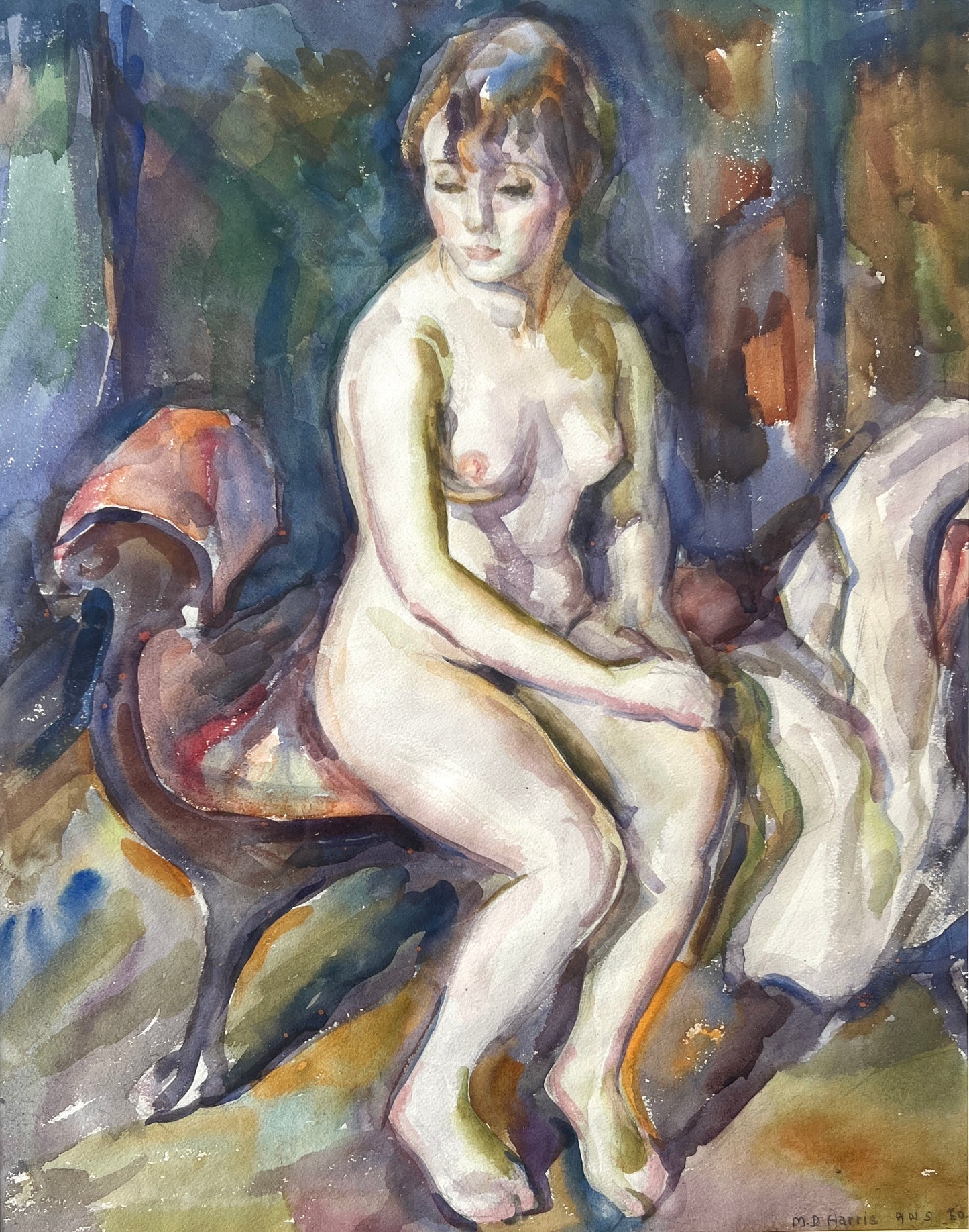 Marian D. Harris Nude Female Watercolor Portrait in Gold Frame