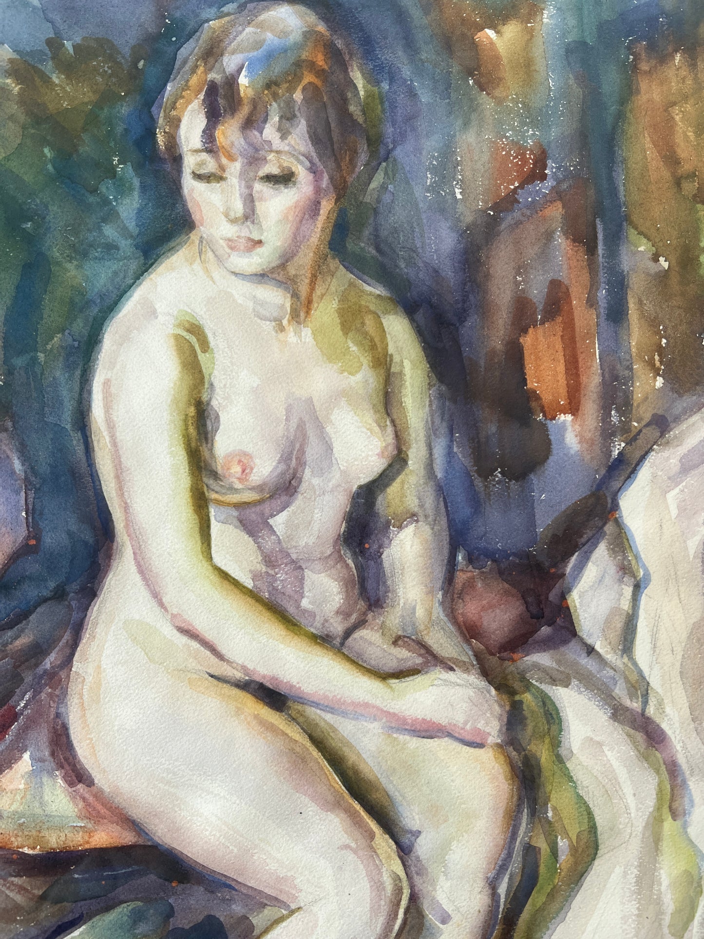 Marian D. Harris Nude Female Watercolor Portrait in Gold Frame