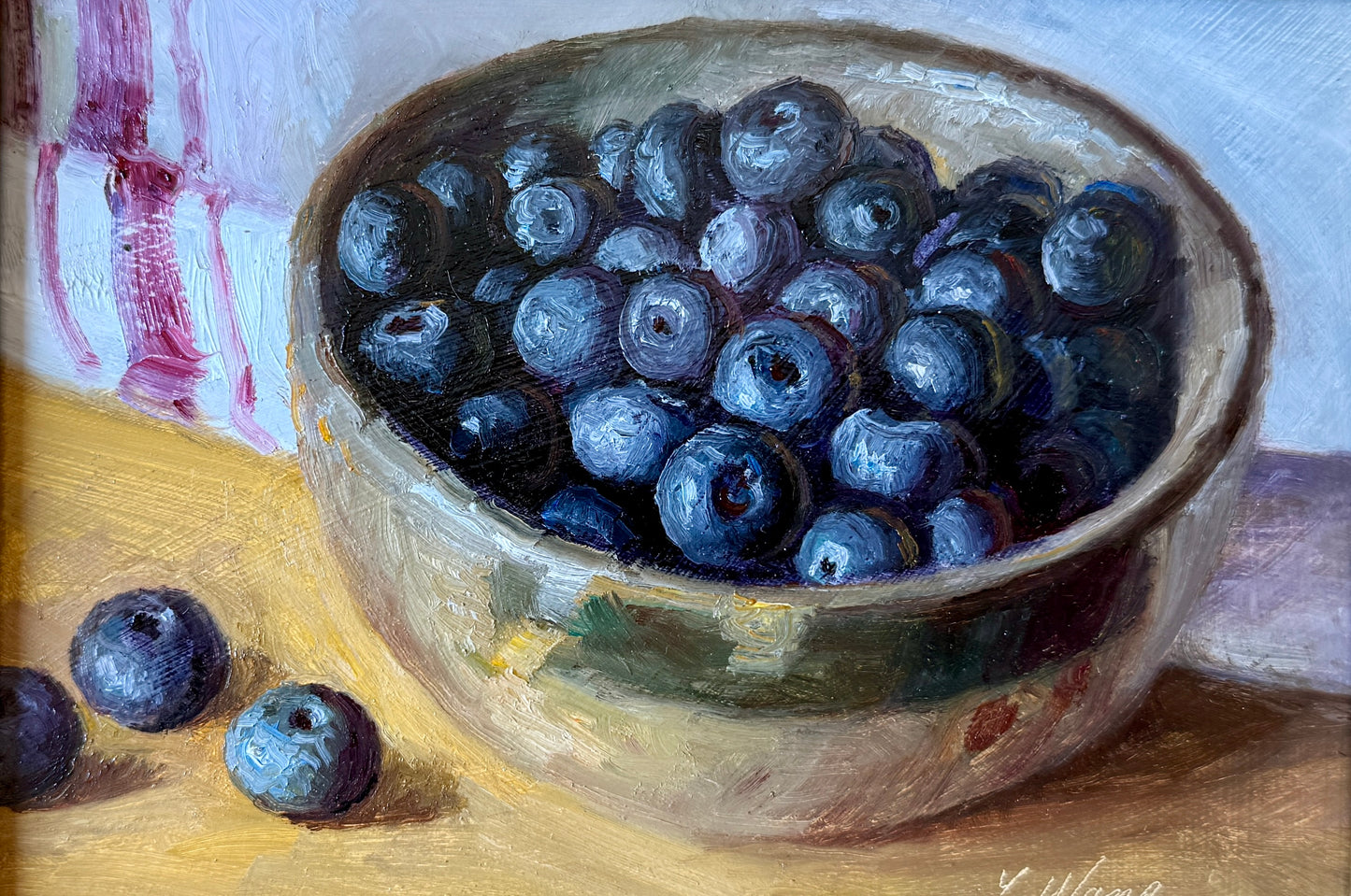 Blueberries and Red White Towel Still Life Oil Painting in Gold Frame