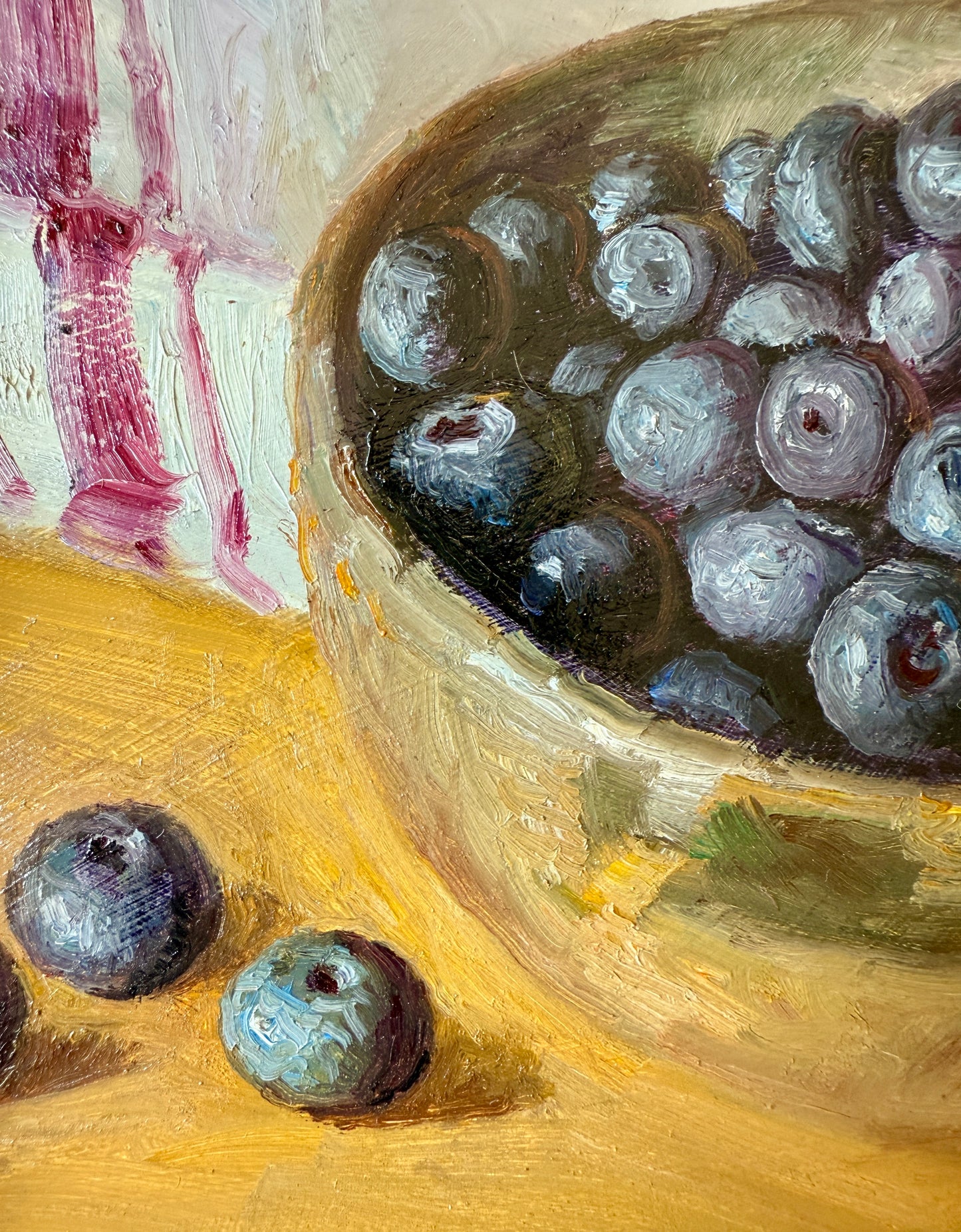 Blueberries and Red White Towel Still Life Oil Painting in Gold Frame