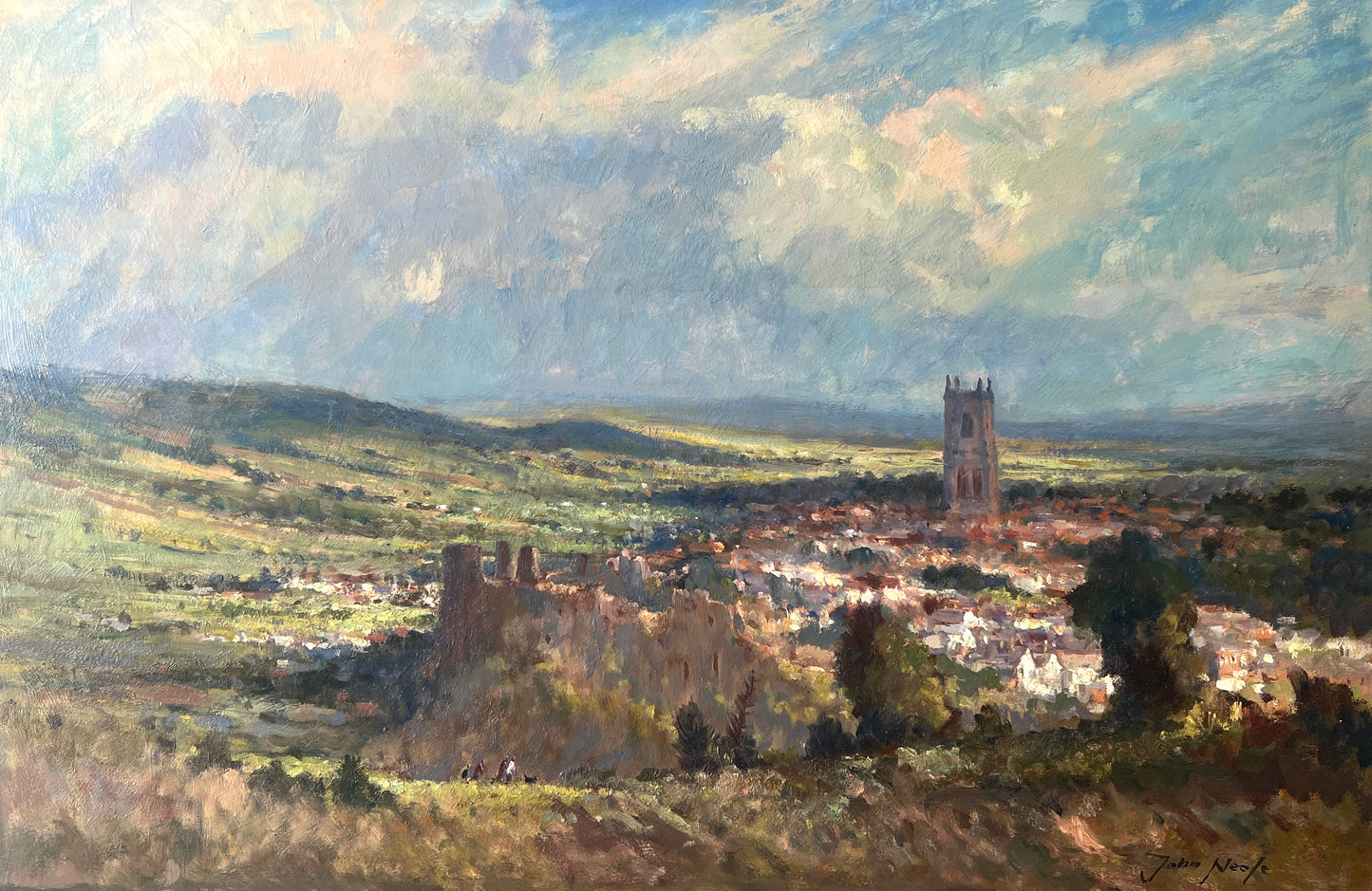 John Neale Large Impressionist English Sunlit Landscape in Gold Frame
