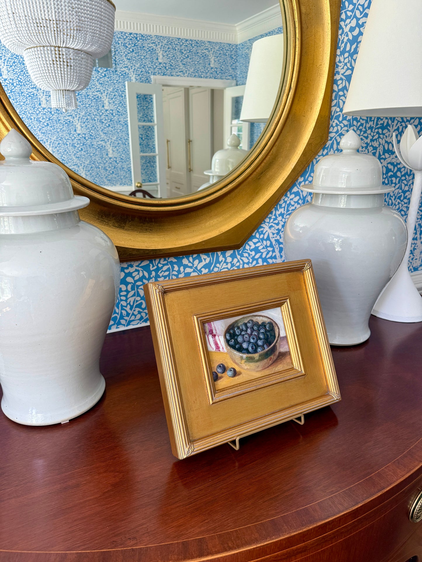 Blueberries and Red White Towel Still Life Oil Painting in Gold Frame