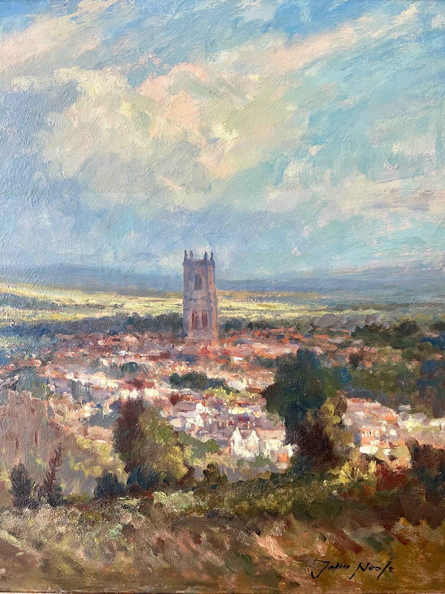John Neale Large Impressionist English Sunlit Landscape in Gold Frame