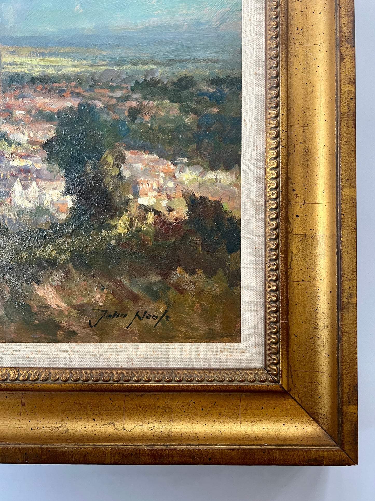 John Neale Large Impressionist English Sunlit Landscape in Gold Frame