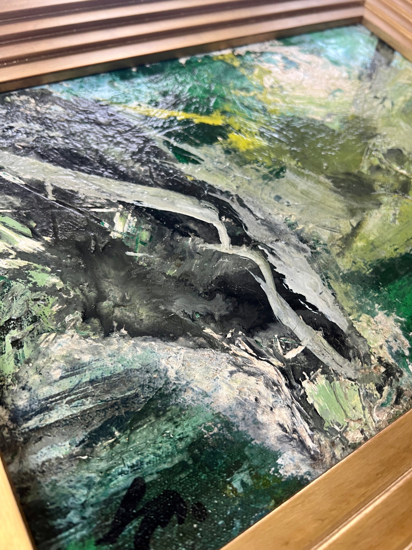 French Abstract Landscape Oil Painting from Galerie Etienne De Causans in Gold Frame