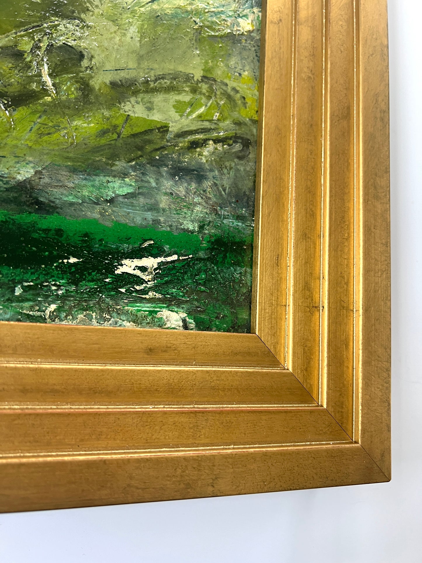 French Abstract Landscape Oil Painting from Galerie Etienne De Causans in Gold Frame