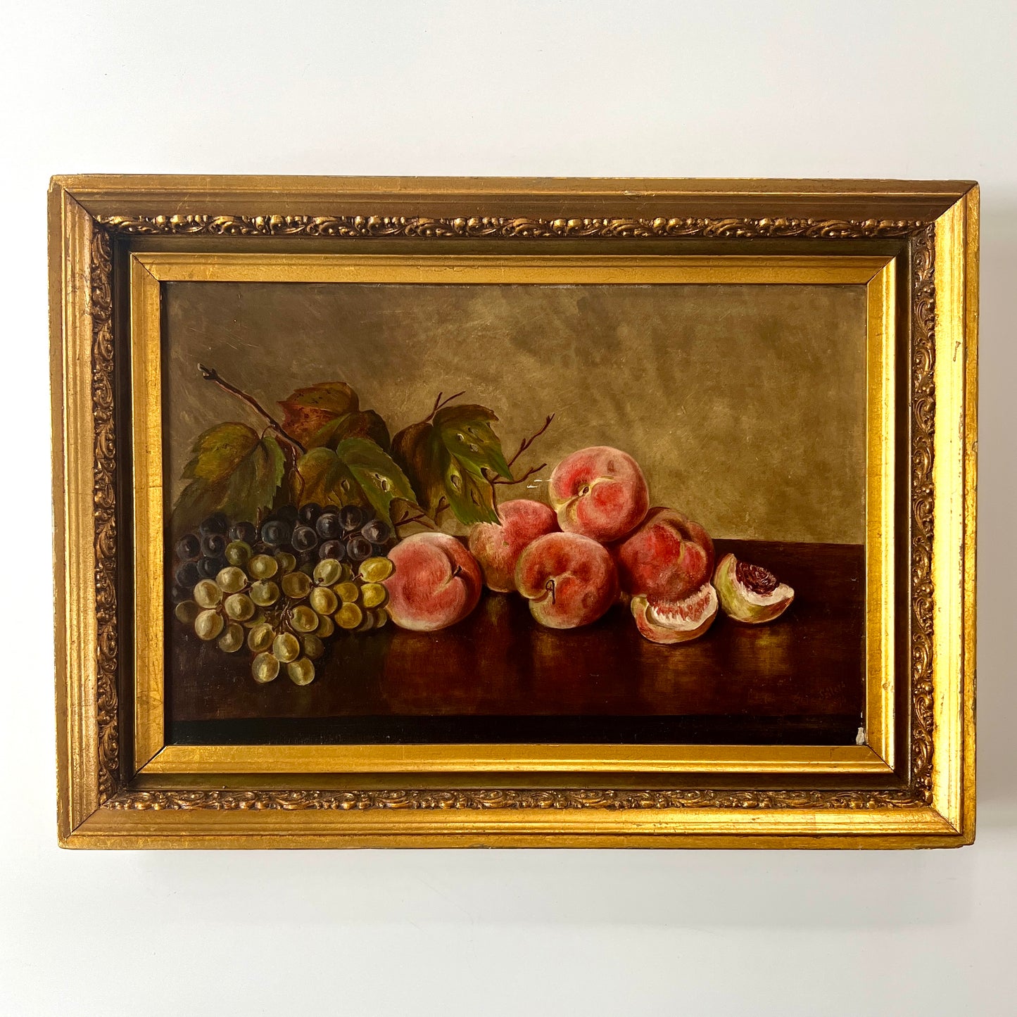 Anna Sellers 1894 Still Life Peaches, Figs, Grapes Oil Painting in Original Gold Frame