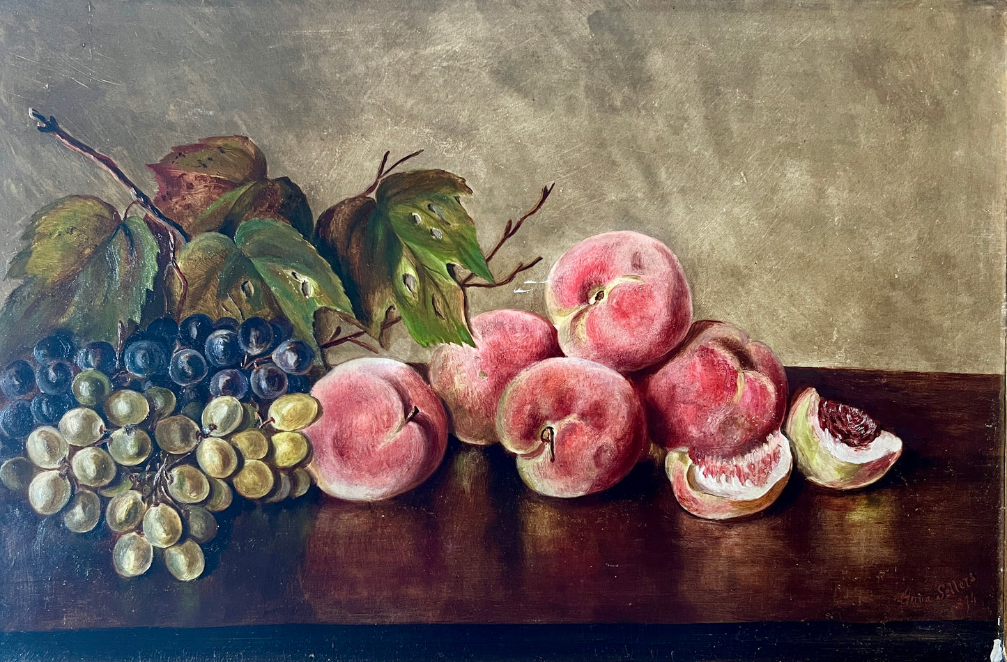 Anna Sellers 1894 Still Life Peaches, Figs, Grapes Oil Painting in Original Gold Frame