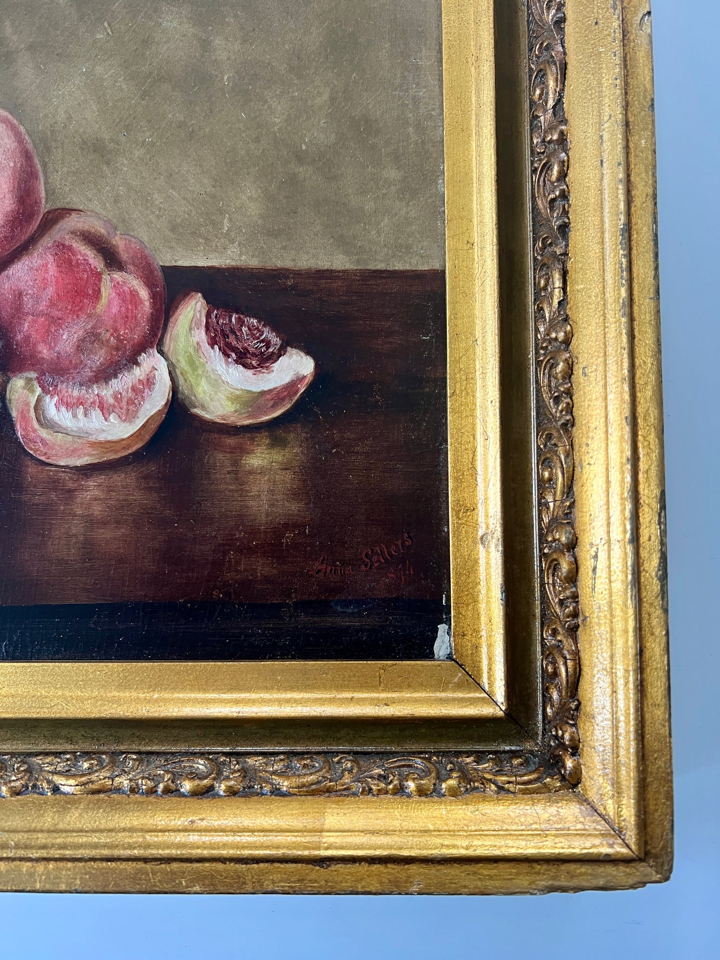 Anna Sellers 1894 Still Life Peaches, Figs, Grapes Oil Painting in Original Gold Frame
