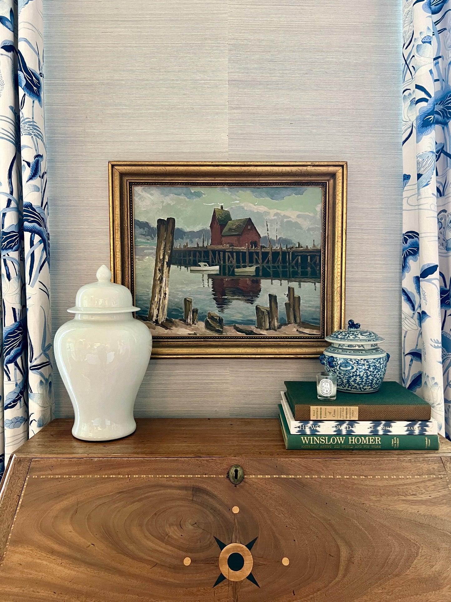 Vintage Coastal Harbor Scene with Boats Oil Painting in Gold Frame