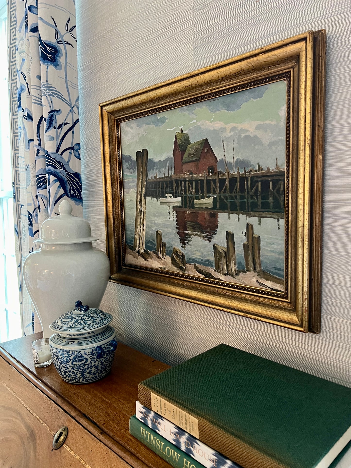 Vintage Coastal Harbor Scene with Boats Oil Painting in Gold Frame