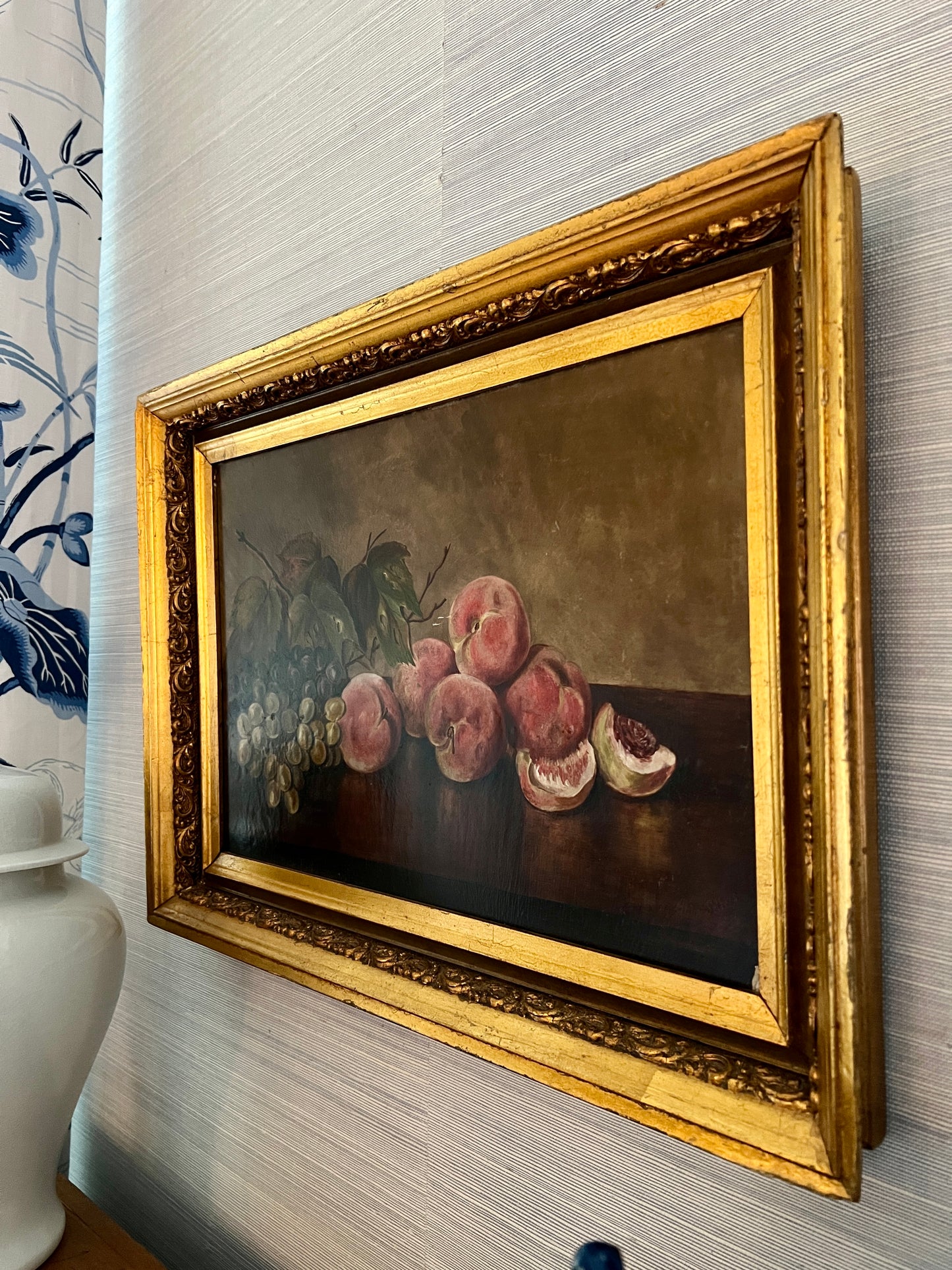 Anna Sellers 1894 Still Life Peaches, Figs, Grapes Oil Painting in Original Gold Frame