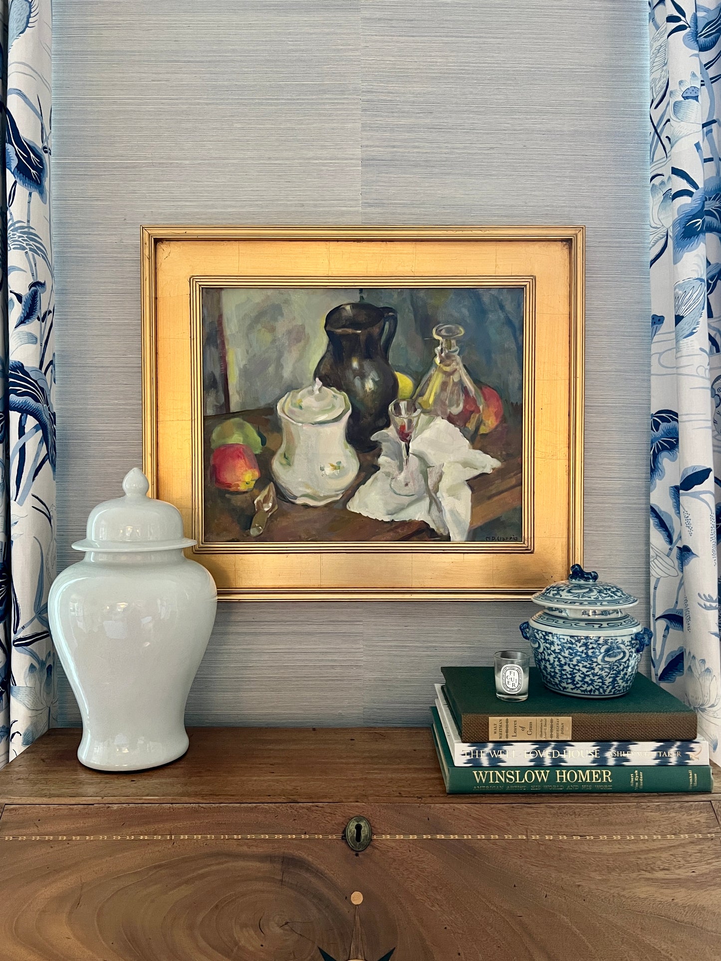 Marian D. Harris Still Life Apples Pears Wine Decanter Oil Painting in Gold Frame