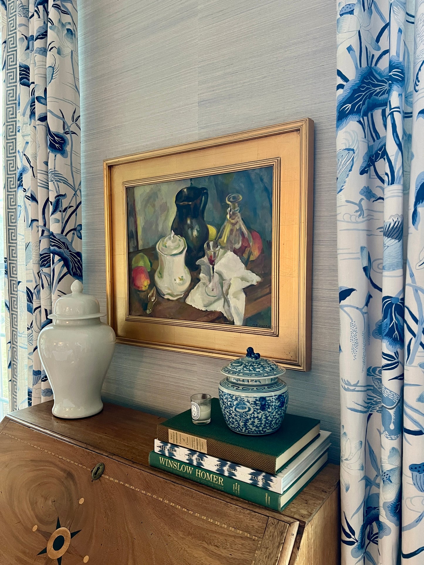 Marian D. Harris Still Life Apples Pears Wine Decanter Oil Painting in Gold Frame