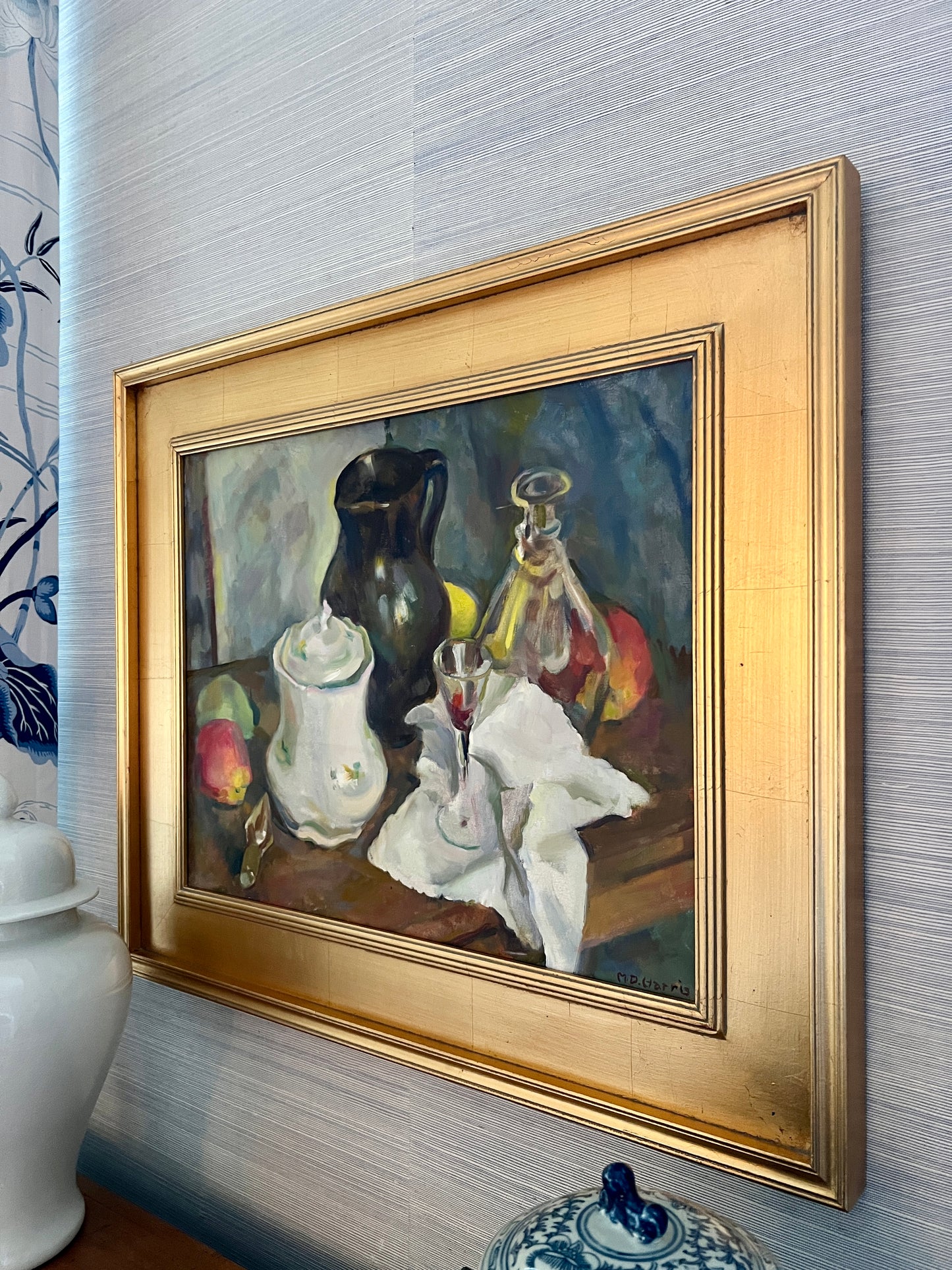 Marian D. Harris Still Life Apples Pears Wine Decanter Oil Painting in Gold Frame
