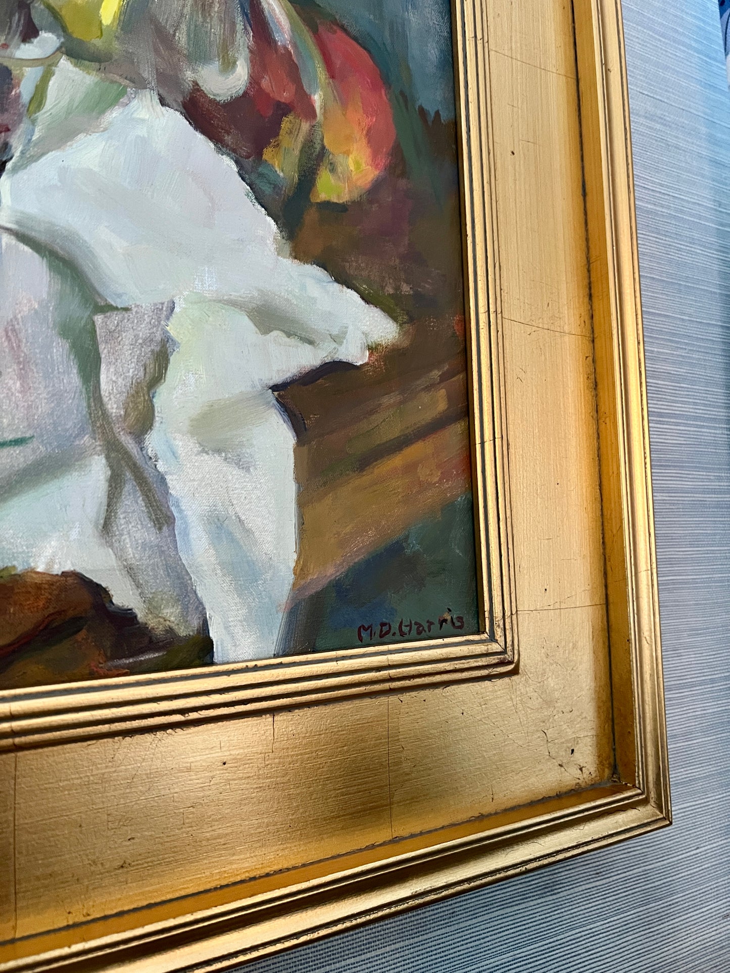 Marian D. Harris Still Life Apples Pears Wine Decanter Oil Painting in Gold Frame