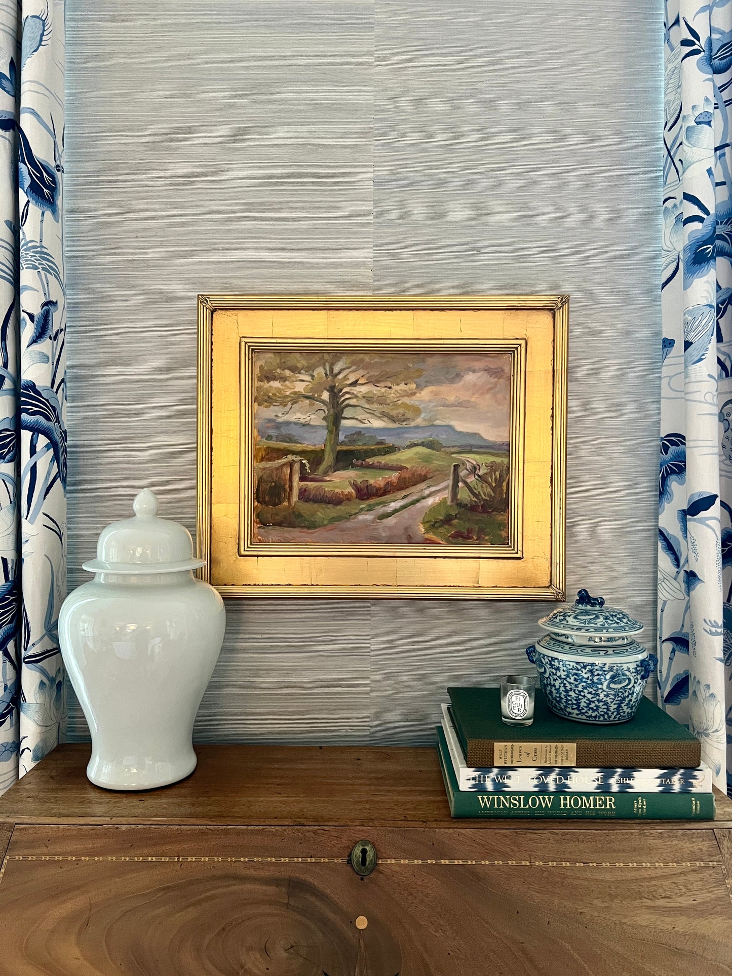 Vintage Pink Sky Garden Landscape Oil Painting in Gold Frame
