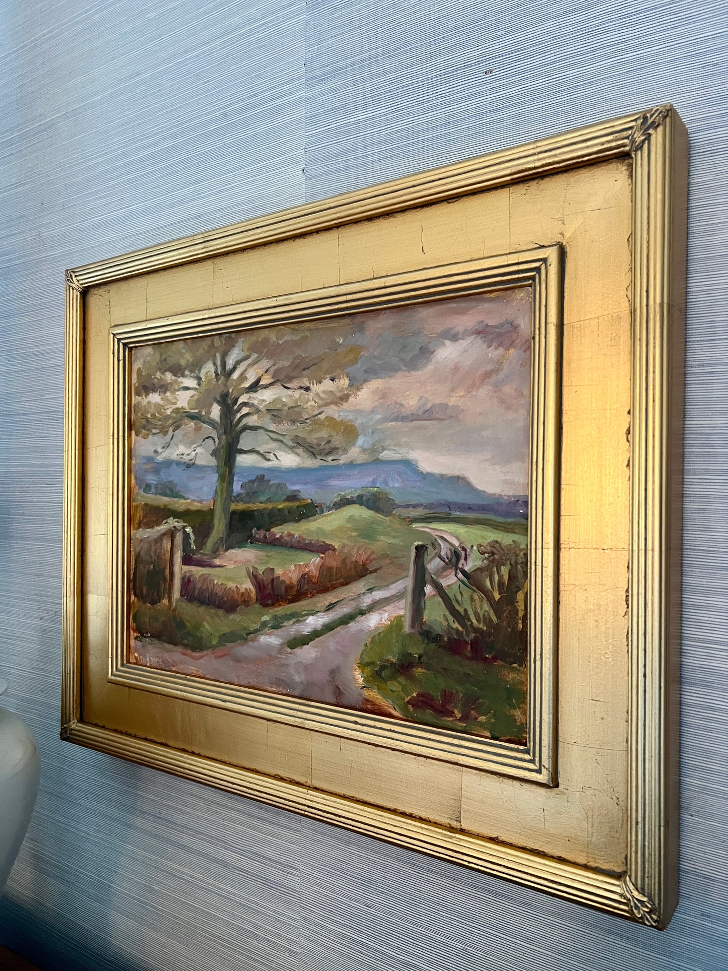Vintage Pink Sky Garden Landscape Oil Painting in Gold Frame