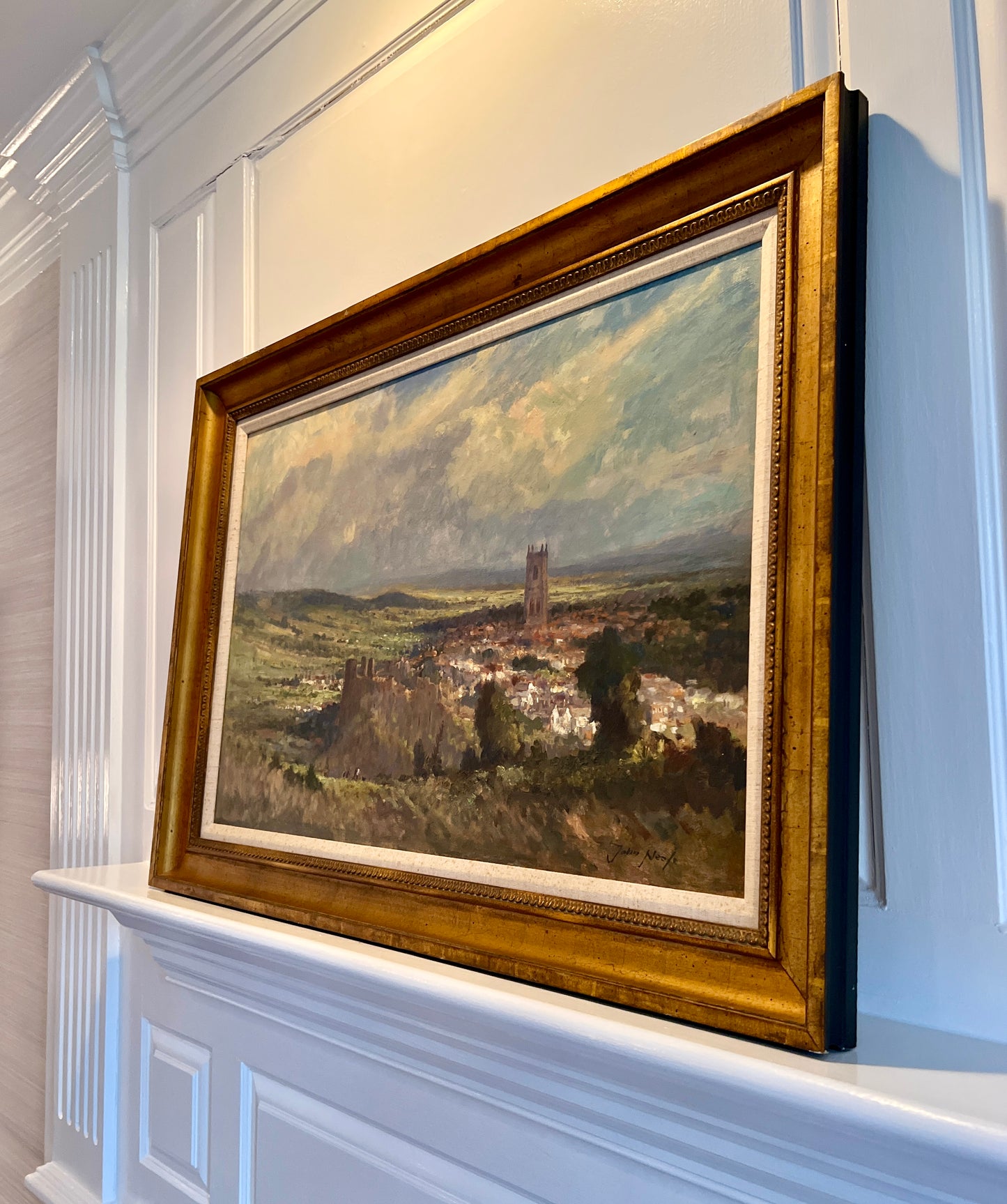 John Neale Large Impressionist English Sunlit Landscape in Gold Frame