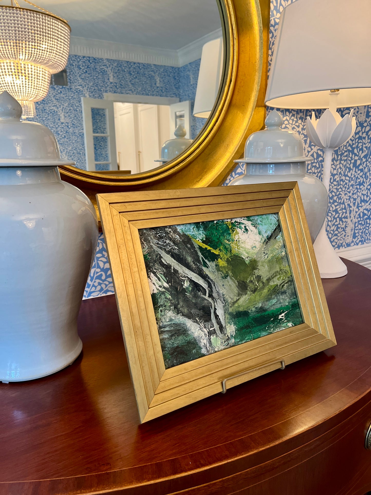French Abstract Landscape Oil Painting from Galerie Etienne De Causans in Gold Frame