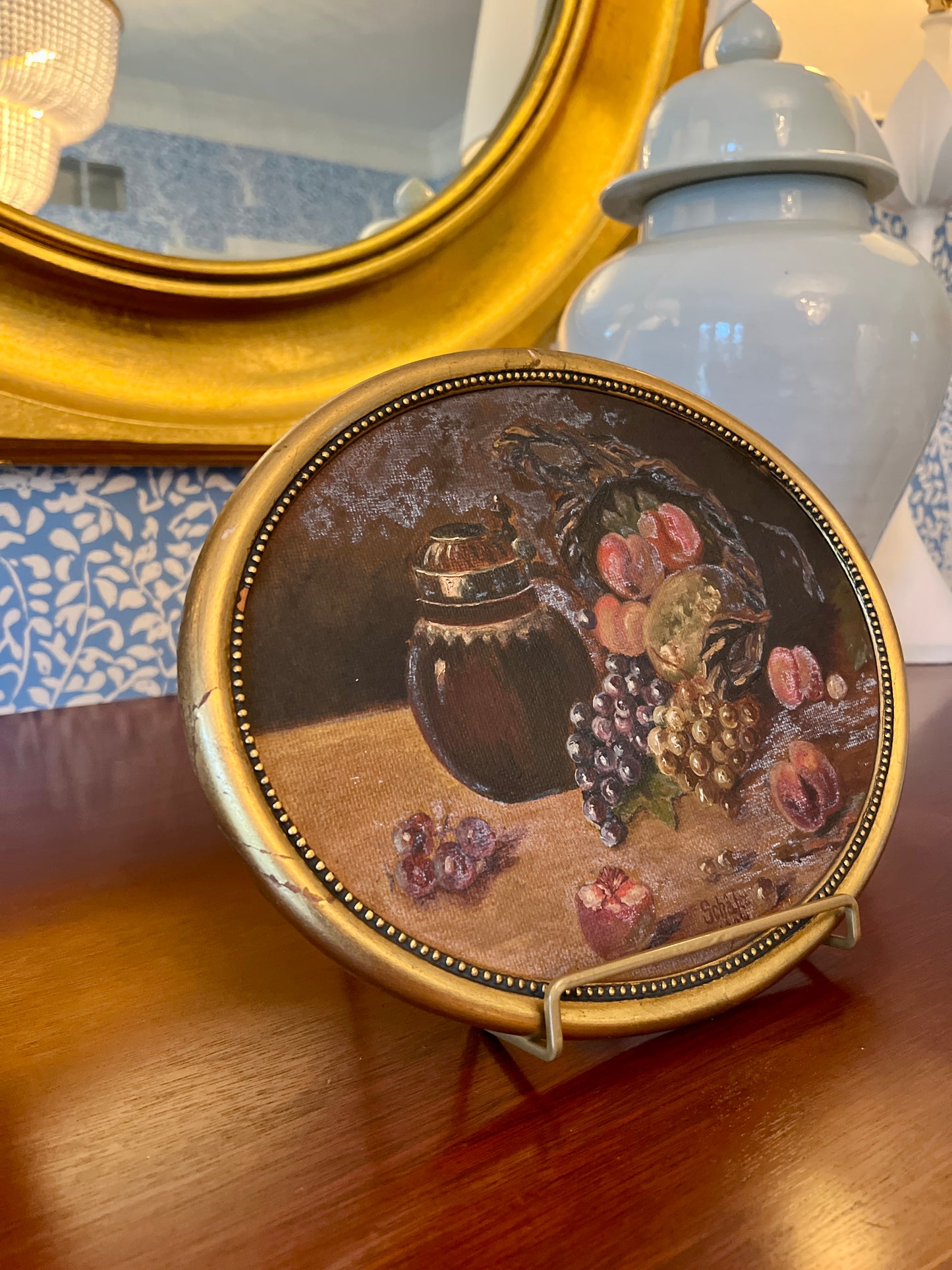 1924 Oval Still Life with Fruit Oil Painting in Oval Gold Frame